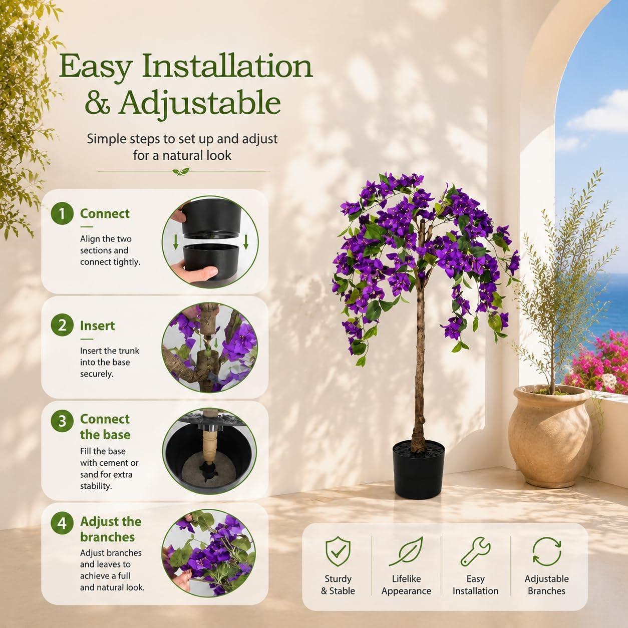 3.7FT Faux Bougainvillea Tree – UV Resistant Potted Floral Decor for Home & Offi