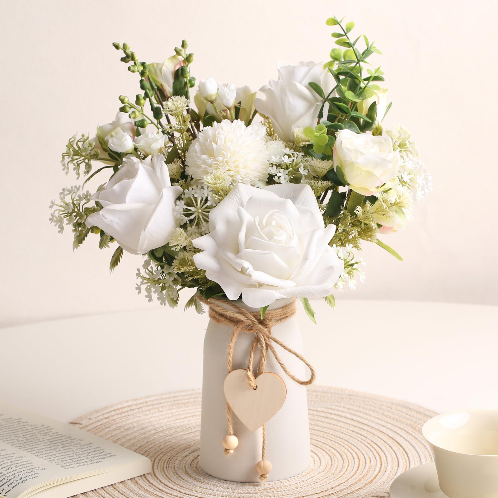 Fake Flowers with Vase, Silk Roses Daisy Artificial Flowers, Faux Eucalyptus …