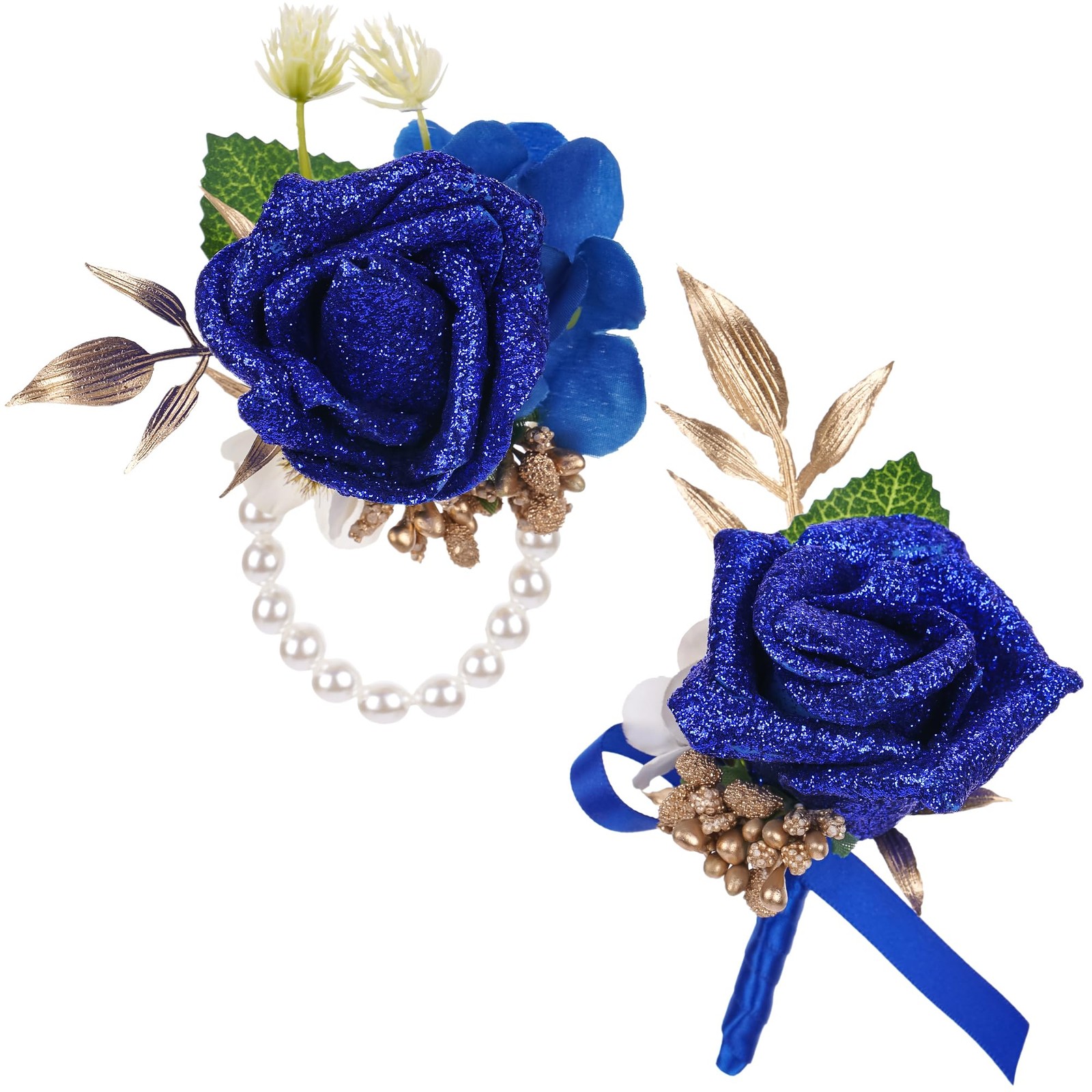 2 PCS Blue Boutonniere Corsage Set Artificial Flowers Wrist Wedding Prom Groom