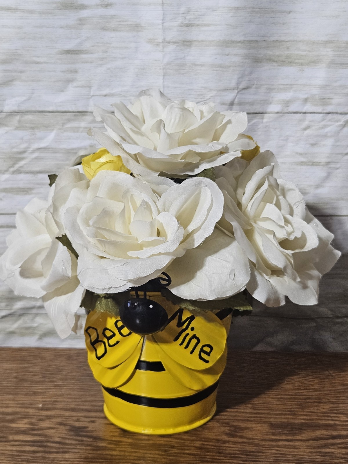 Homemade Bee Mine White Rose Flower Arrangement In A Yellow N Black Tin Bucket