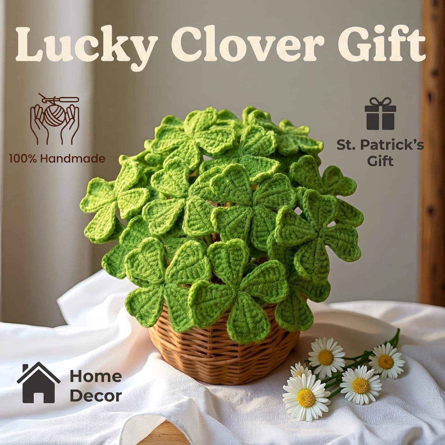5Pcs Handmade Crochet Four Leaf Clover Bendable Non-Wilt Lucky Decor | Handcr…