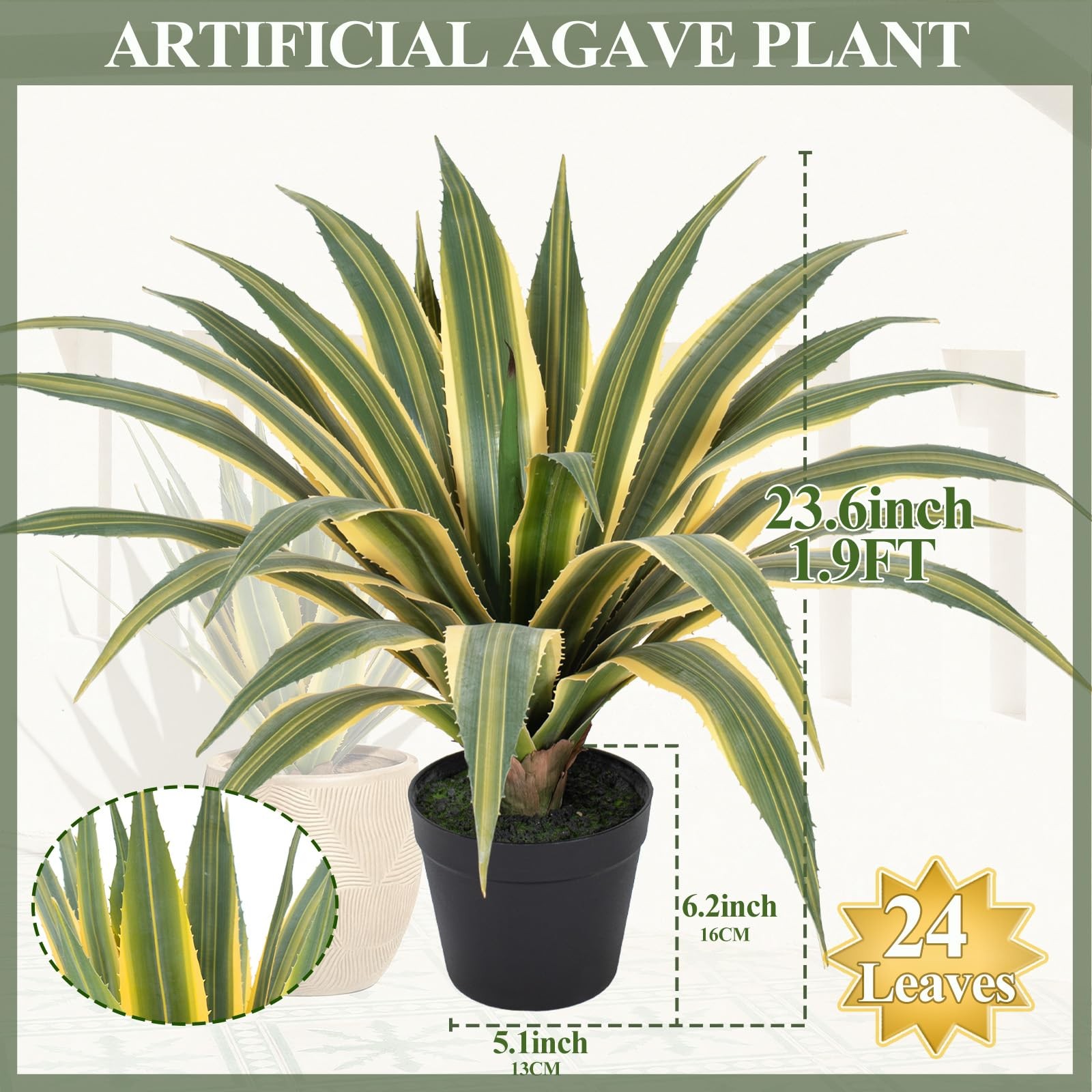 Artificial Agave Plants Outdoor, 24” Large UV Resistant Spiked Fake Agave wit…