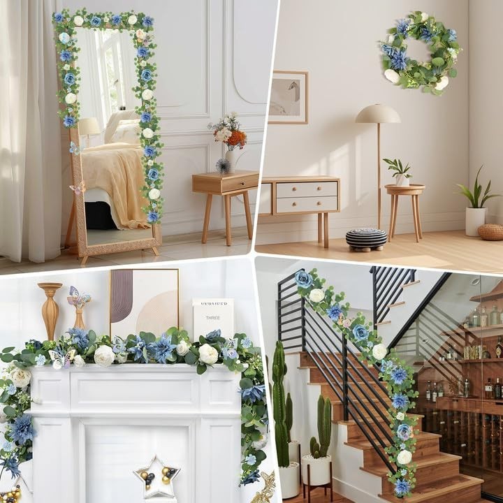 Eucalyptus Flower Garland 4-Pack – 5.9FT Faux Rose Greenery with Butterflies for
