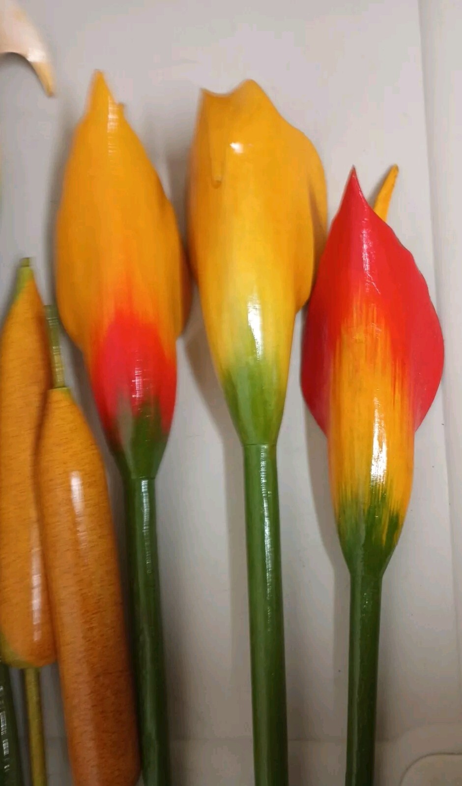 VTG Wood Tropical Flowers Long Stem 36″ Leaves Lot Of 13 Wooden Painted Carved