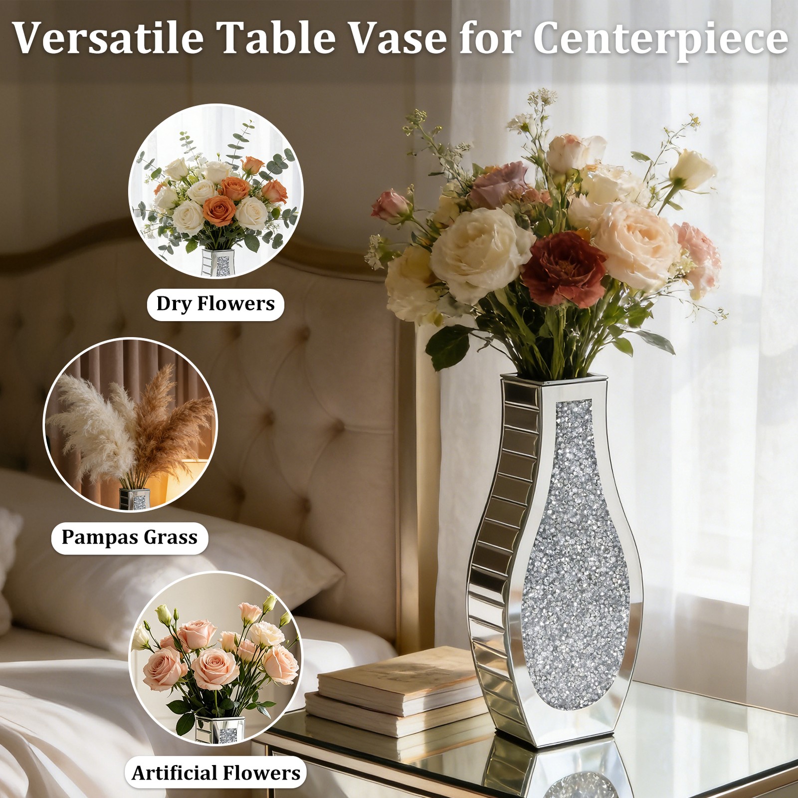 Crushed Diamond Mirrored Flower Vase Decorative Crystal Silver Glass Table Vase