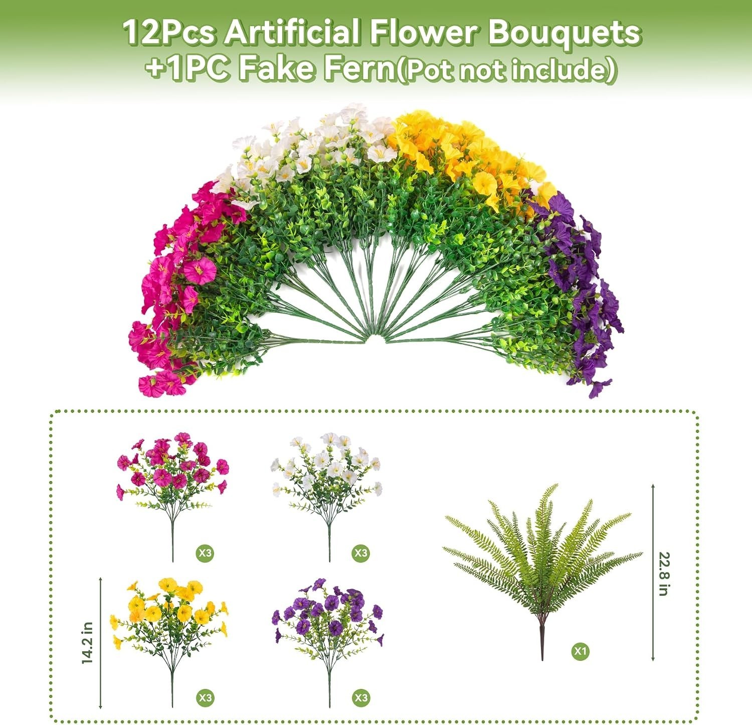 Versatile Fake Flower Set: 12 Morning Glory Bundles & Boston Fern for Outdoors