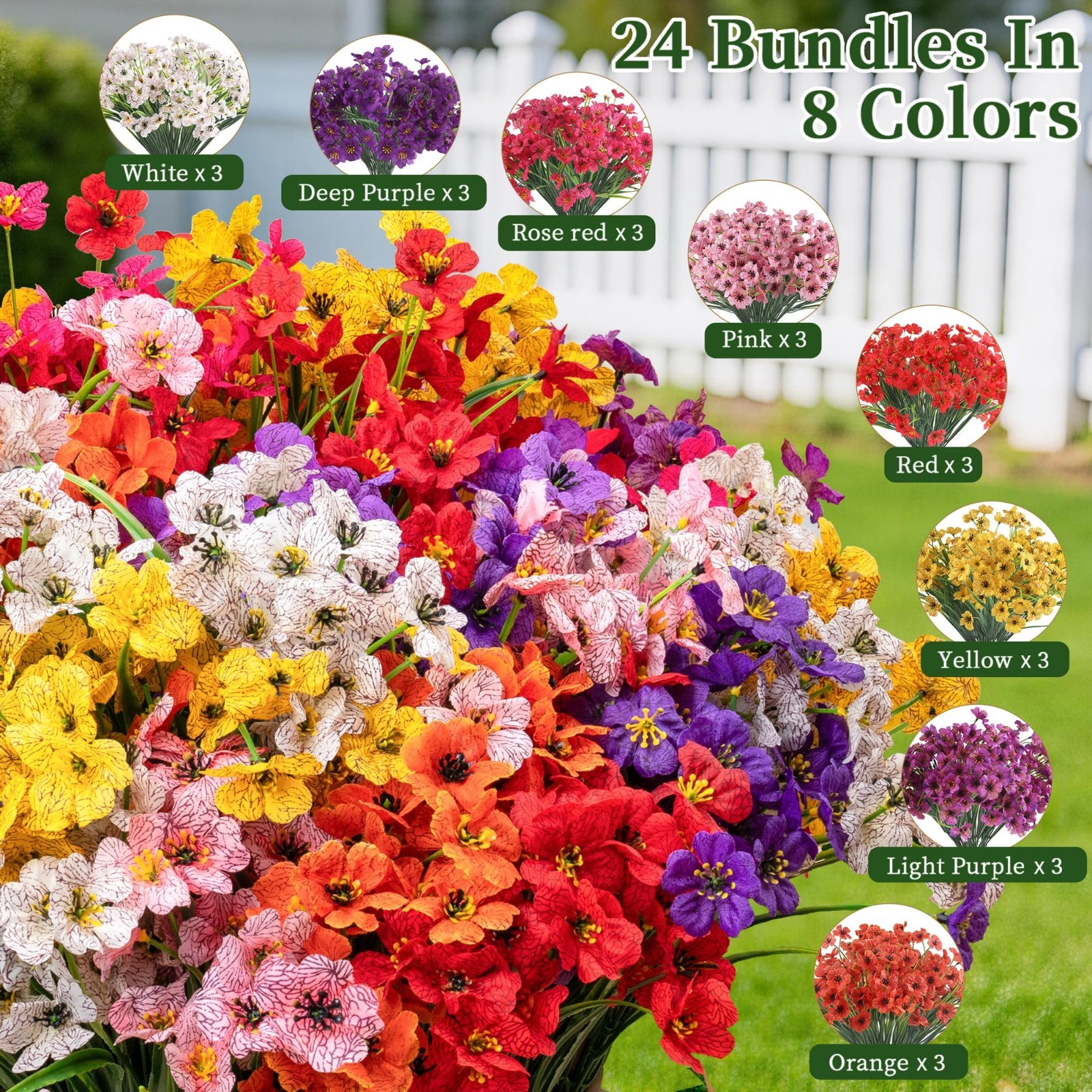 24 Bundles Artificial Flowers – Indoor/Outdoor Fake Plants for Garden, Wedding,