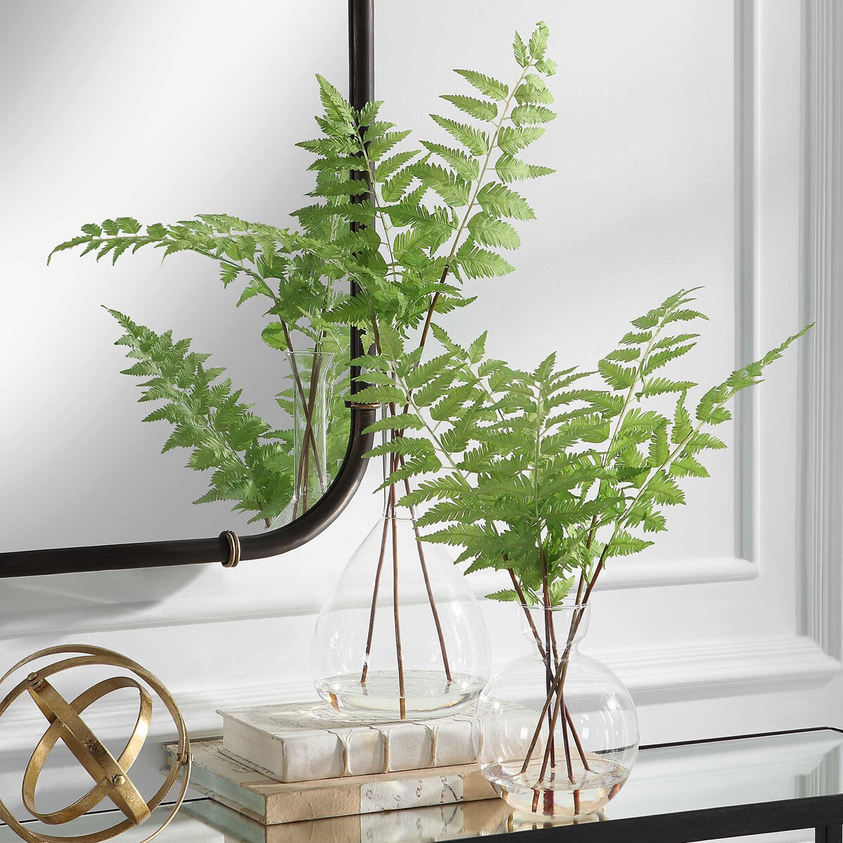 Country Green Ferns With Clear Glass ~ Set Of 2 ~ Uttermost 60202