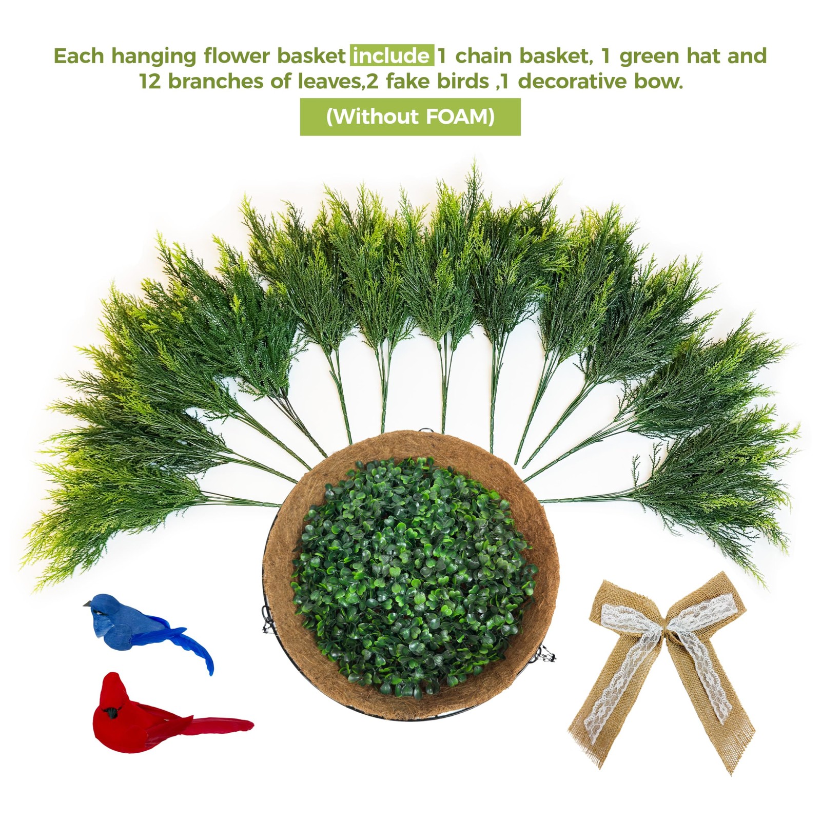 Artificial Hanging Plant Flower Baskets Set of 2, Faux Ferns with Birds and L…
