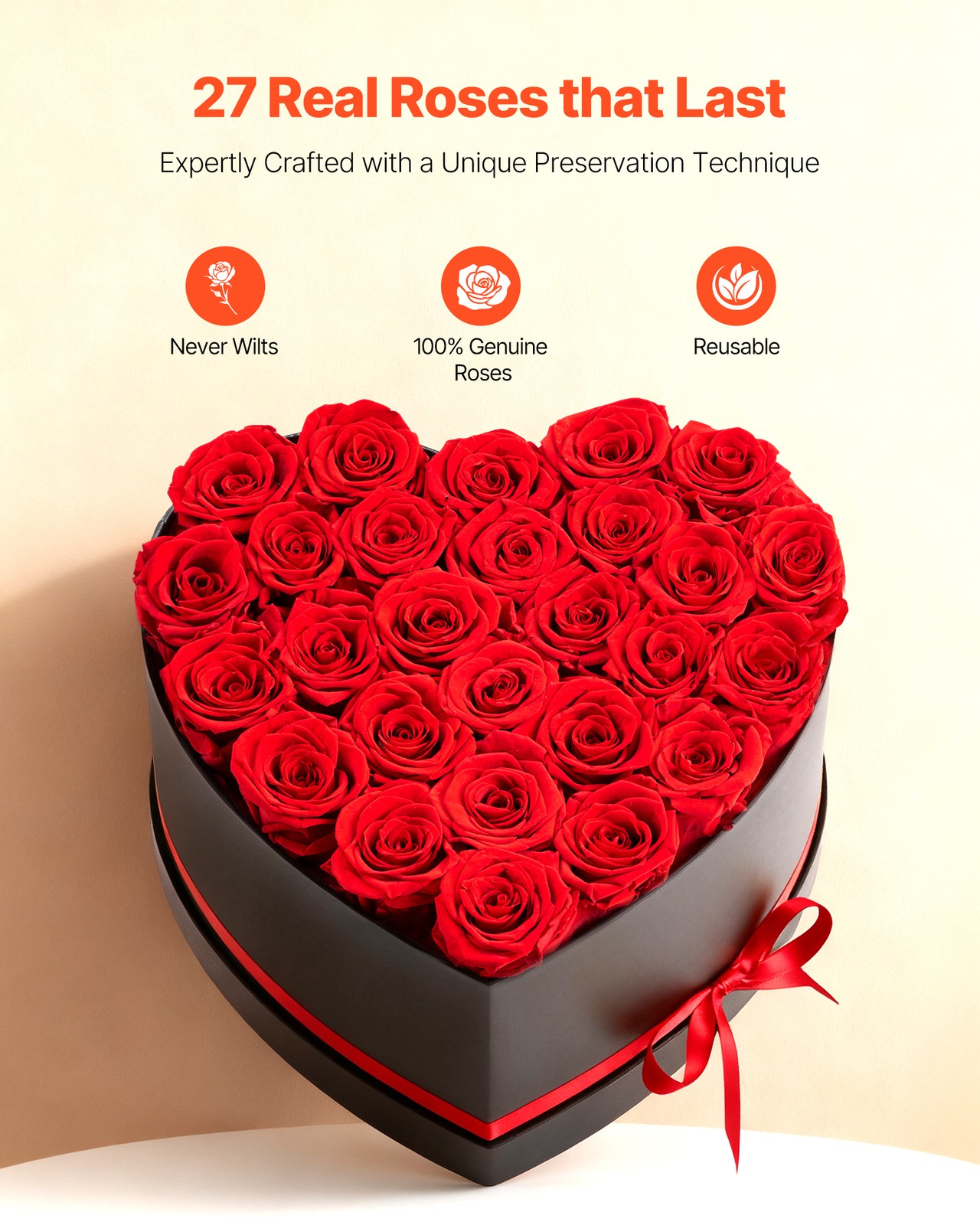 VEVOR Forever Flowers 27 Preserved Roses Heart Box Eternal Bouquet Red