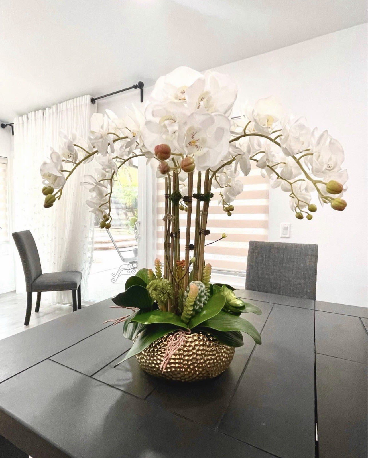 Artificial White Orchid Flower Arrangement & Centerpiece in Gold Bowl, Plastic