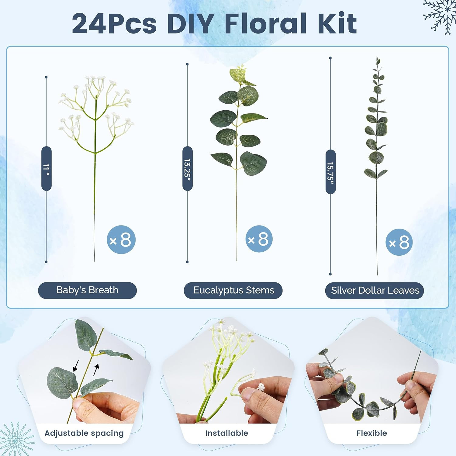 24Pcs Mixed Eucalyptus Stems and Faux Baby Breath, DIY Floral Stems | Mixed Euca