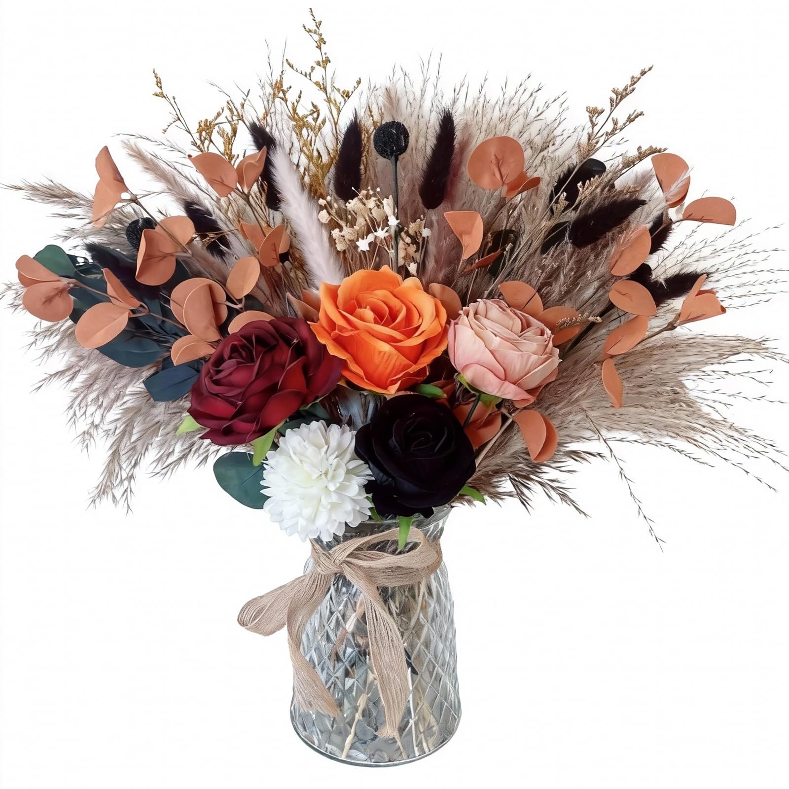Orange Artificial Fake Flowers In Vase Faux Dried Pampas Grass Floral