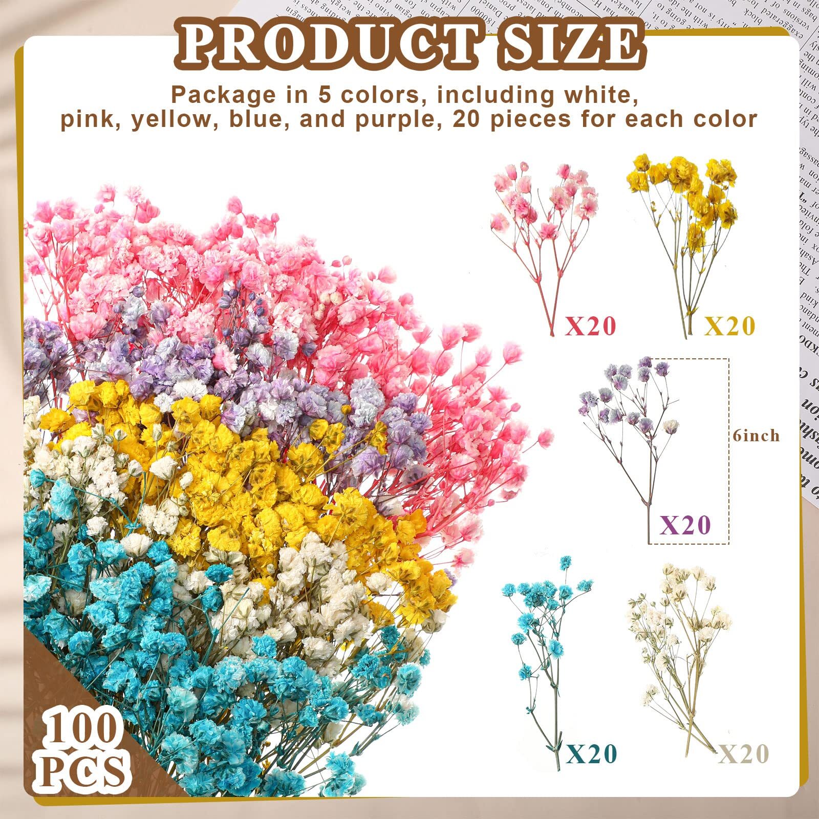 100 Pcs Mini Dried Baby Breath Flowers Gypsophila Ivory Mixed Color Flowers D…