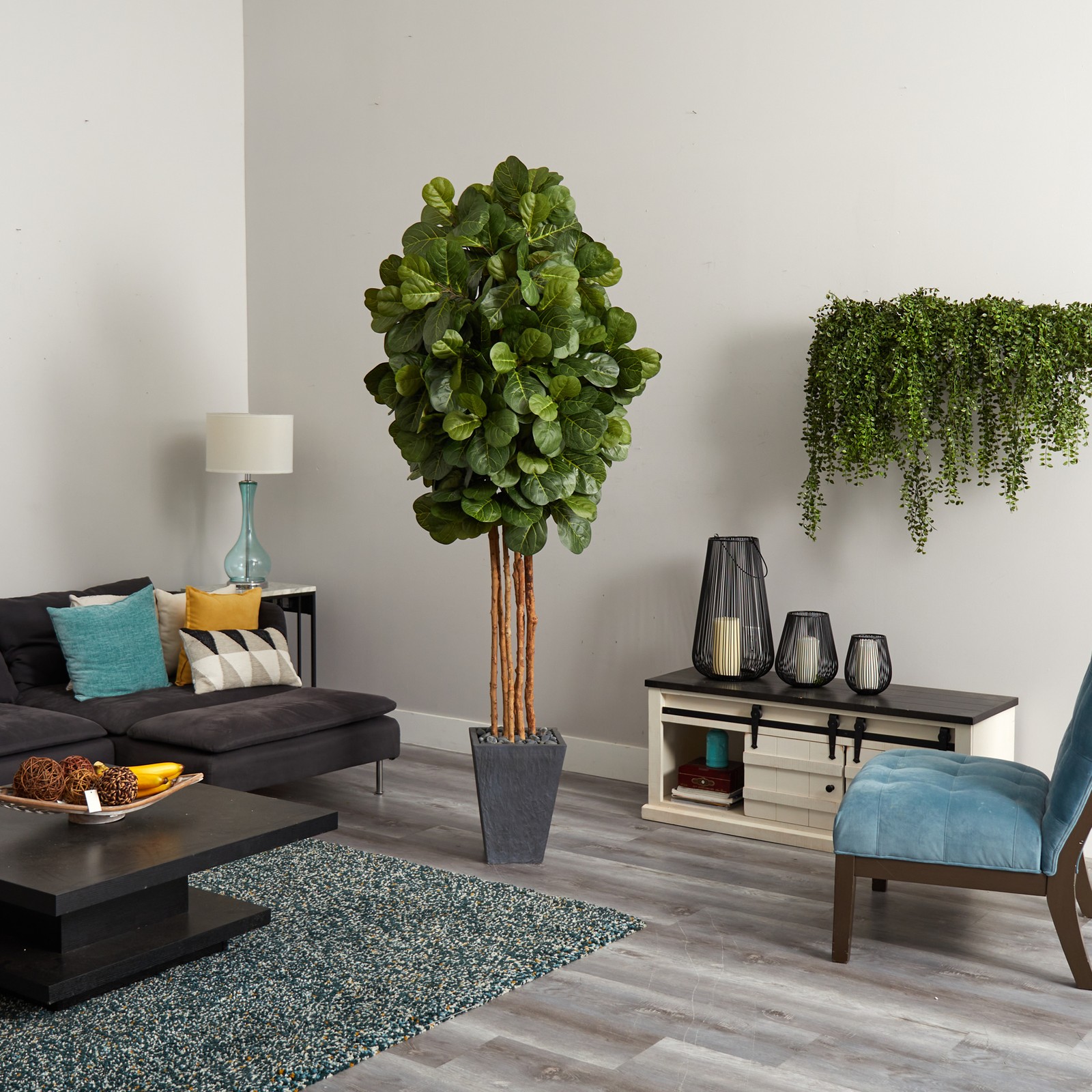 Nearly Natural Fiddle Leaf Artificial Tree in Slate Planter in Green