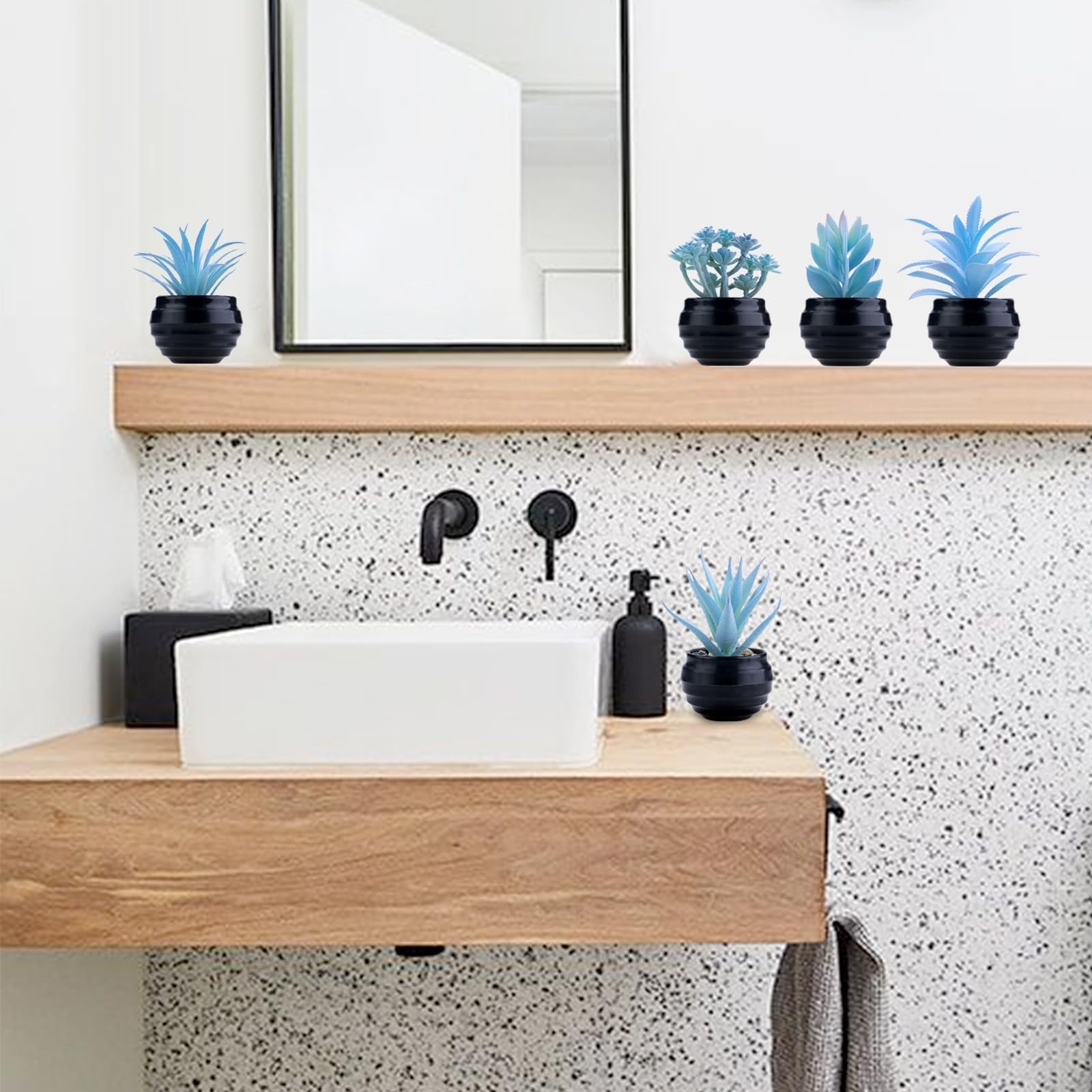 6 Blue Artificial Succulents in Mini Black Pots, Faux Indoor Desk & Home Decor