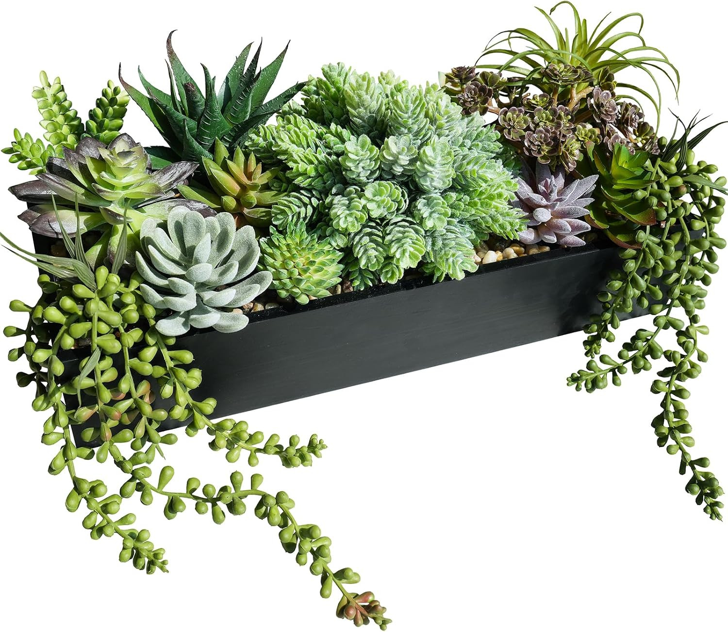 15″ Artificial Succulents Arrangement Faux Succulents in Rectangular Black Woode