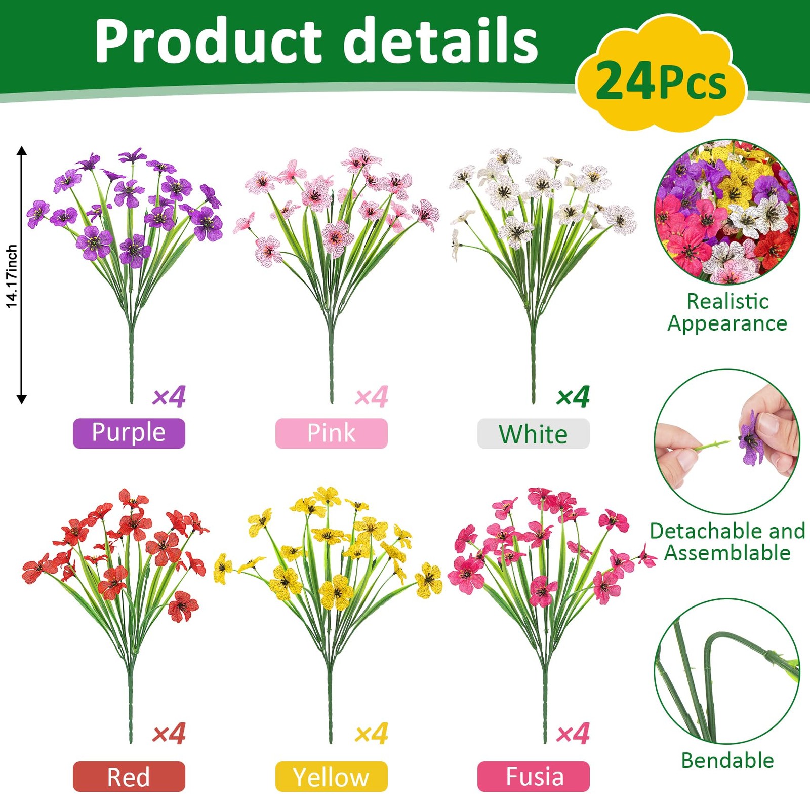 24 Bundles Artificial Flowers for Outdoors, Fake Silk Flowers UV Resistant Fa…