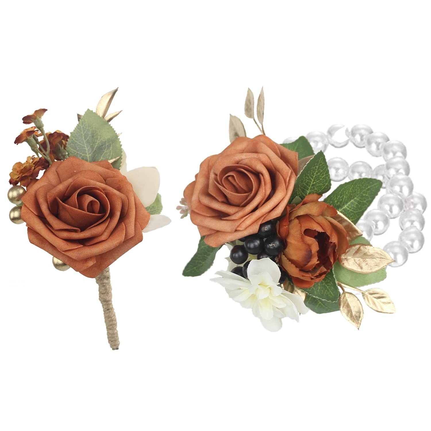 Burnt Orange Boutonniere Corsage Set Terracotta Real Touch Silk Flowers 2Piece
