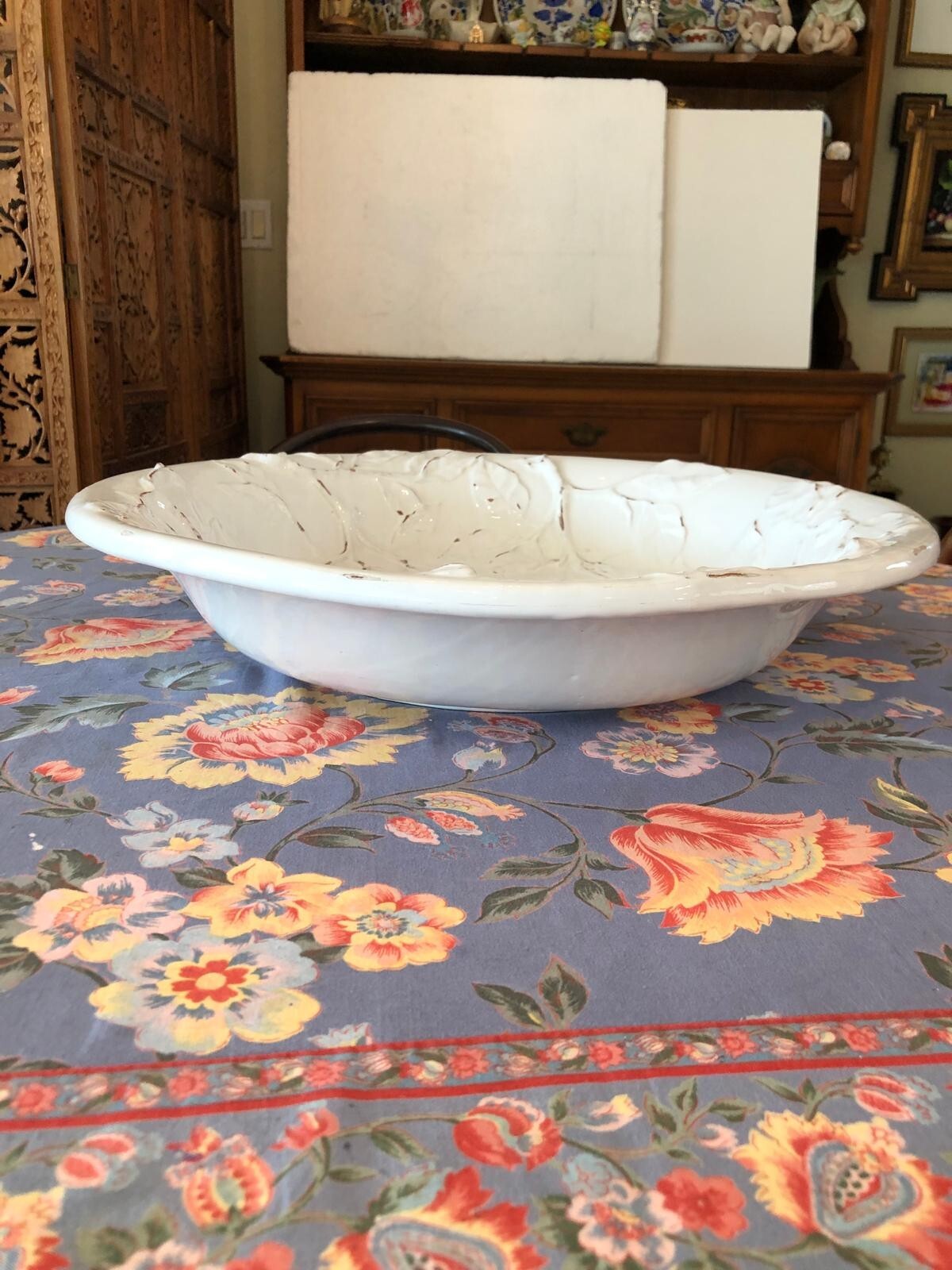 Italian Plate with leaves in relief brownish markings 20” Diameter