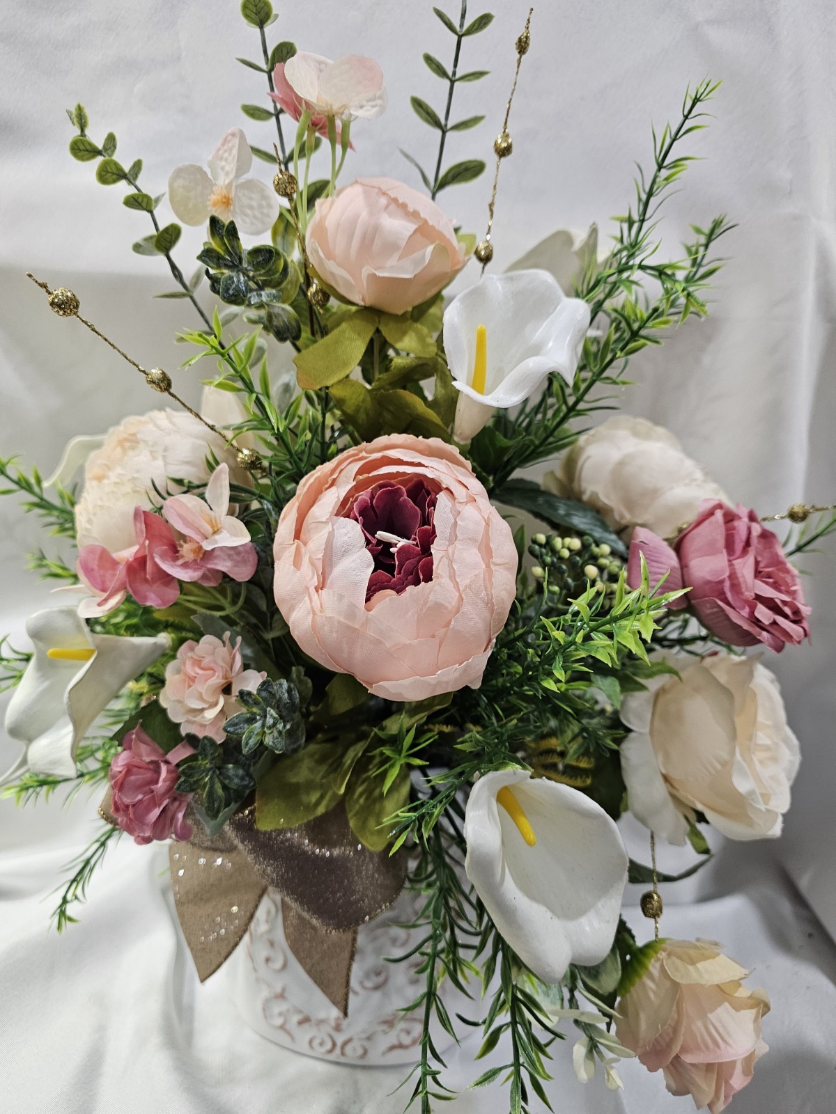 Artificial Flower Arrangement Peonies Calla Lilies Glistening Gold Accen & Vase