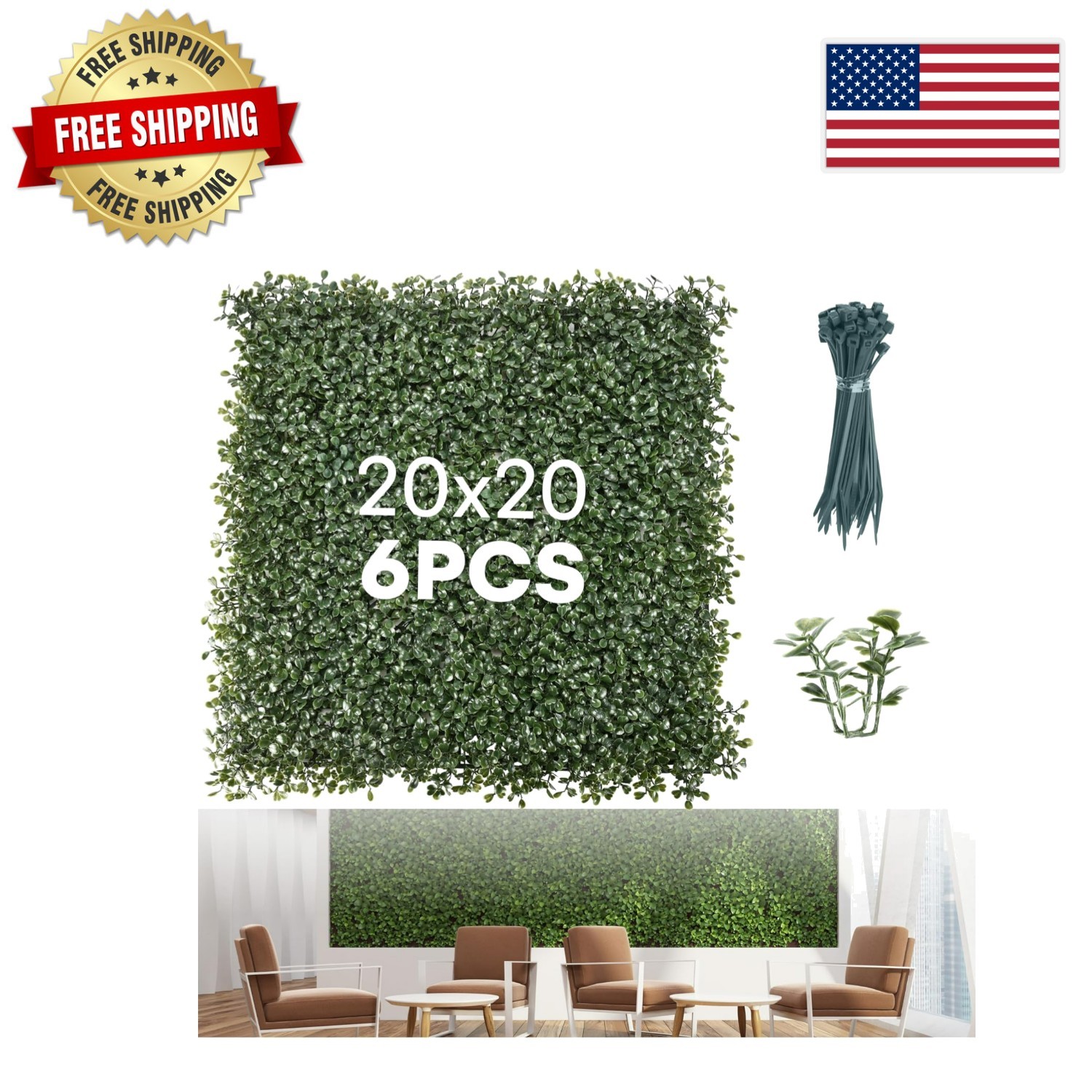 DIY-Friendly Greenery Wall Panels 20”x20” – 6 Pack with Accessories Included