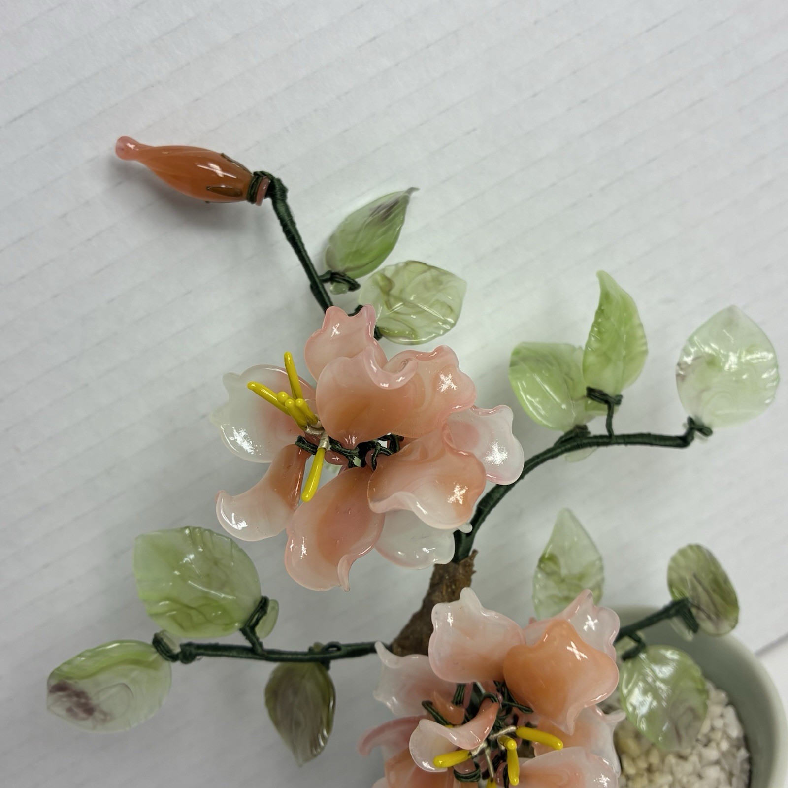 Vintage Glass Bonsai Flowering Tree In Decorative Pot -Pink Flowers Approx 9”