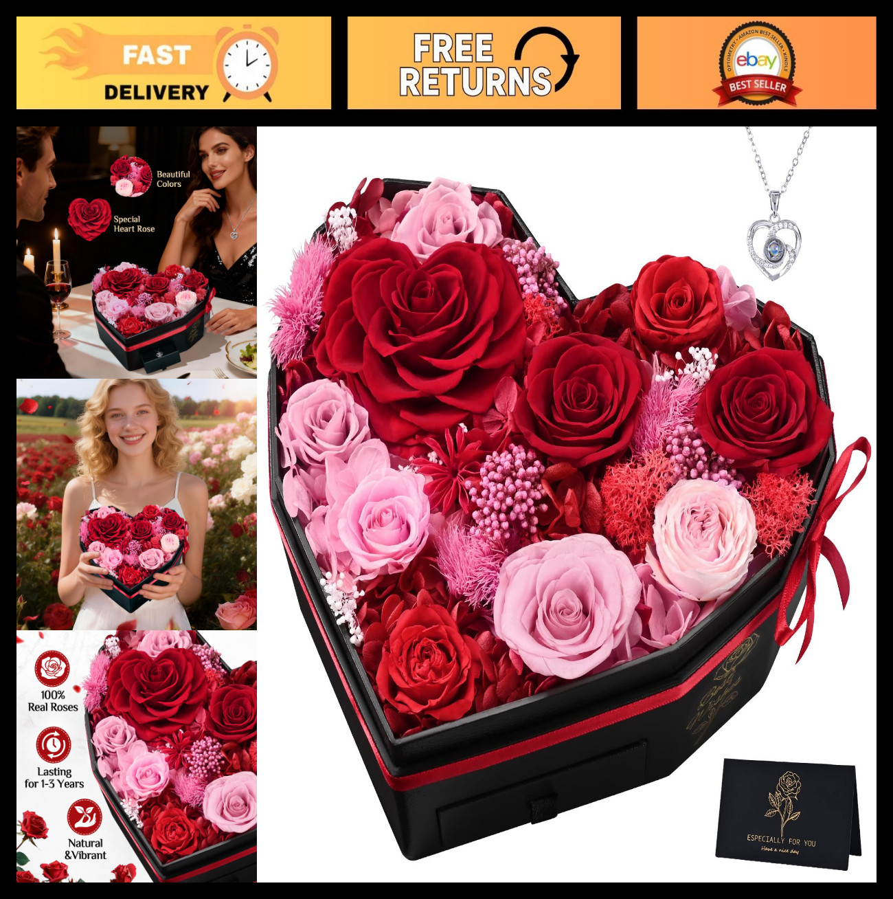 Eternal Preserved Roses Gift Box – 10 Real Flowers for Birthday, Mom, Wife, Gran