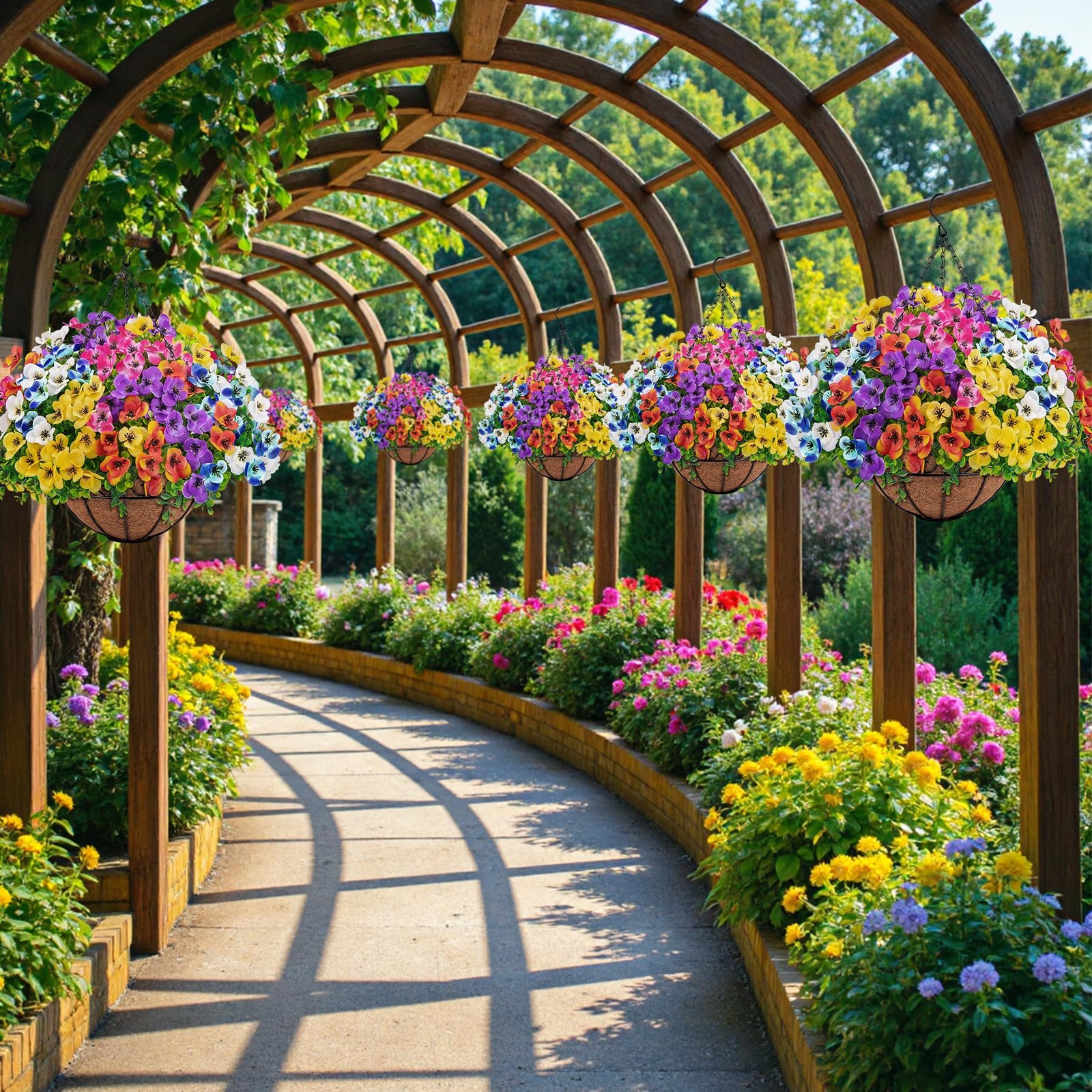 Artificial Hanging Flowers with Baskets for Outdoors, Fake Silk Pansy Flowers…