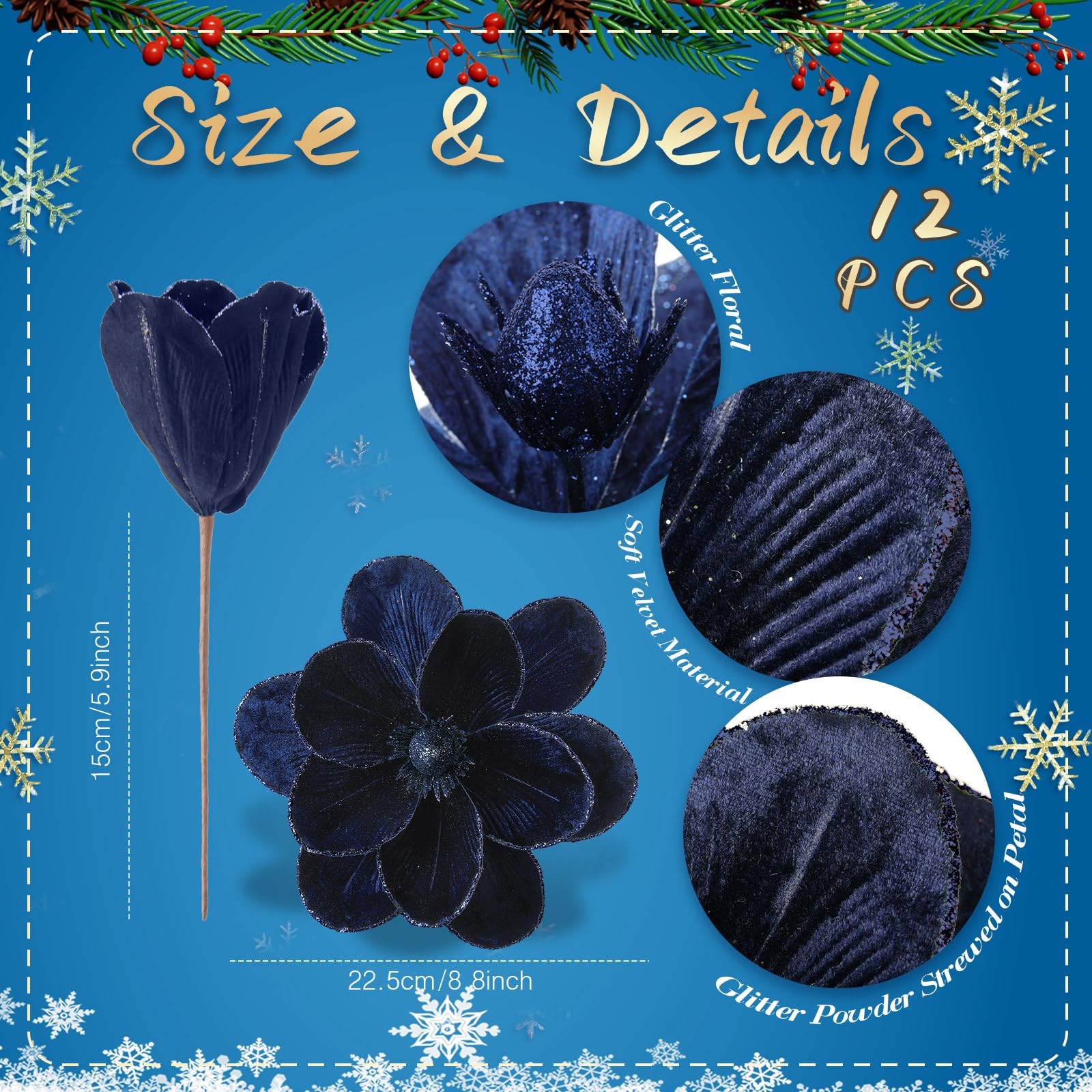 12 Pcs Large Velvet Christmas Poinsettia Magnolia Flowers Dark Blue Decor