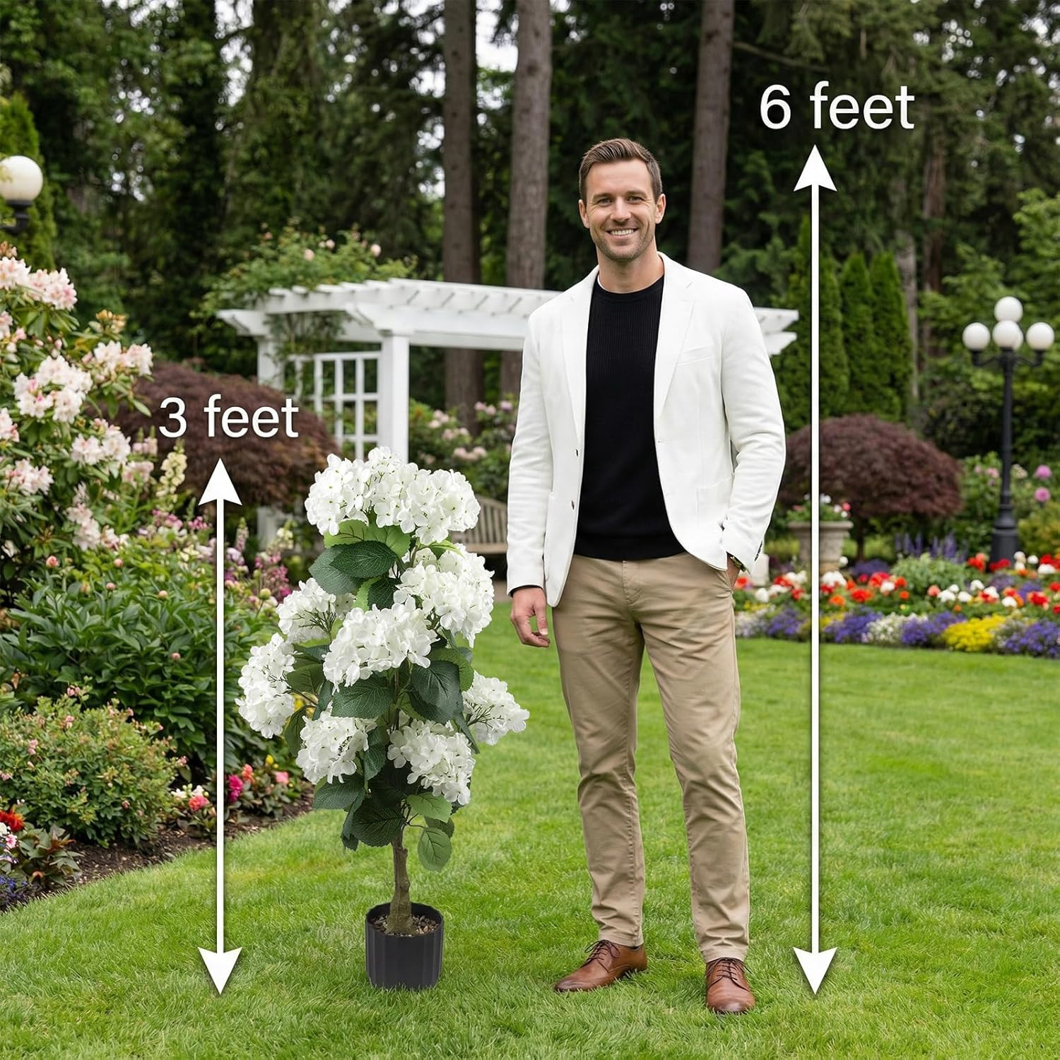 2 Pcs 3 Ft Artificial Hydrangea Trees Potted, UV Resistant Faux Silk Hydrangea P