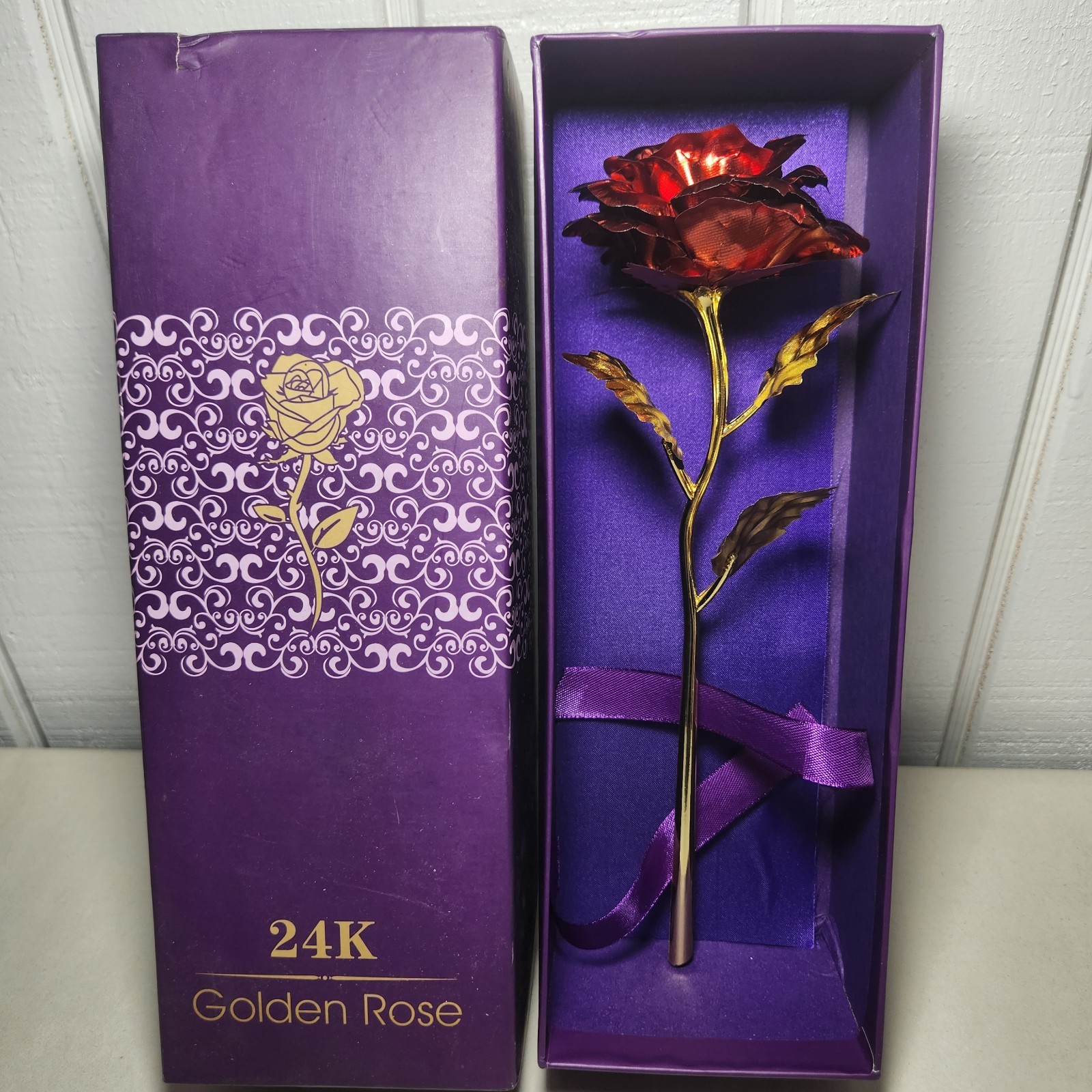 24k Gold Foil Rose Flower Long Stem w/ Gift Box Valentines Birthday Mothers Gift