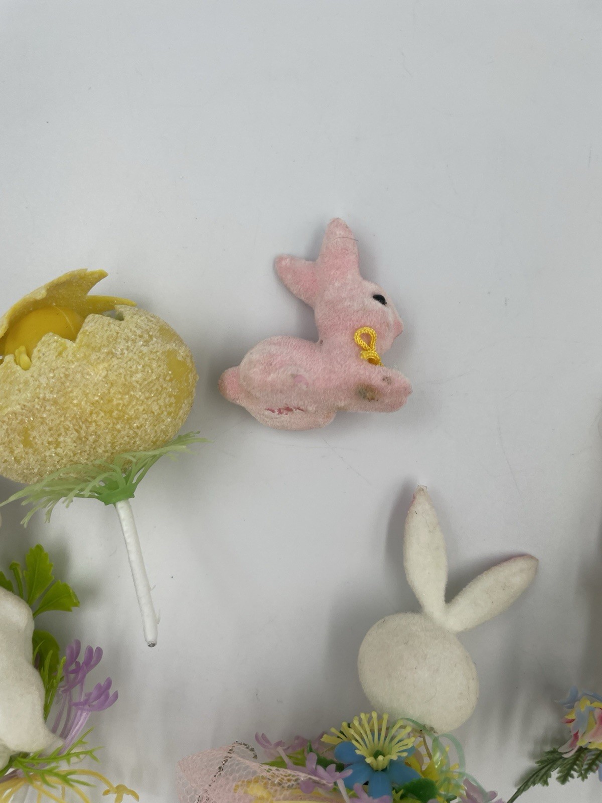 5 VTG Lot Flocked Easter Bunny Rabbit, Egg, Floral Pick Plastic Decoration A20