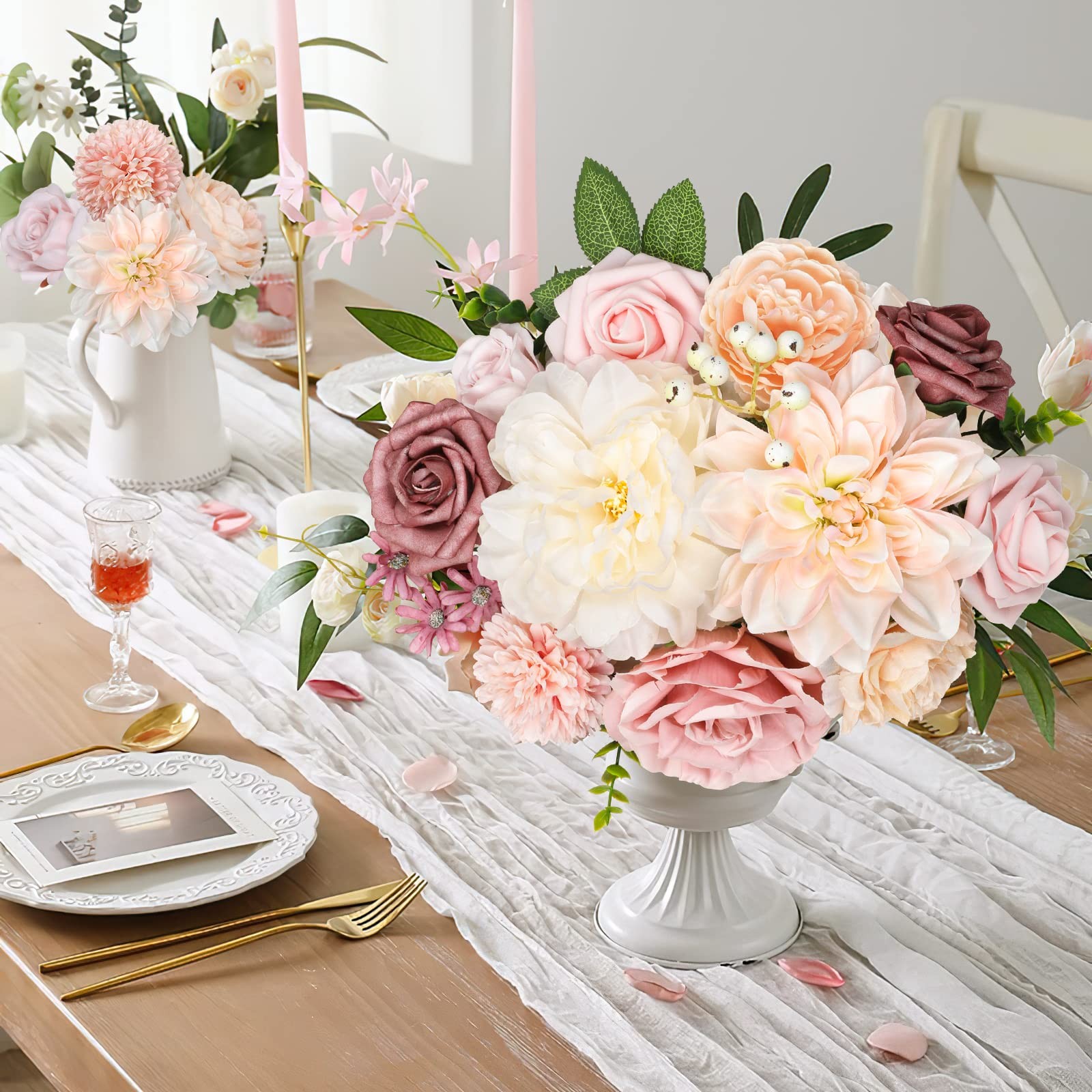 Blush Champagne Artificial Flowers Combo Silk Mix Peony Rose Fake Flowers w/S…