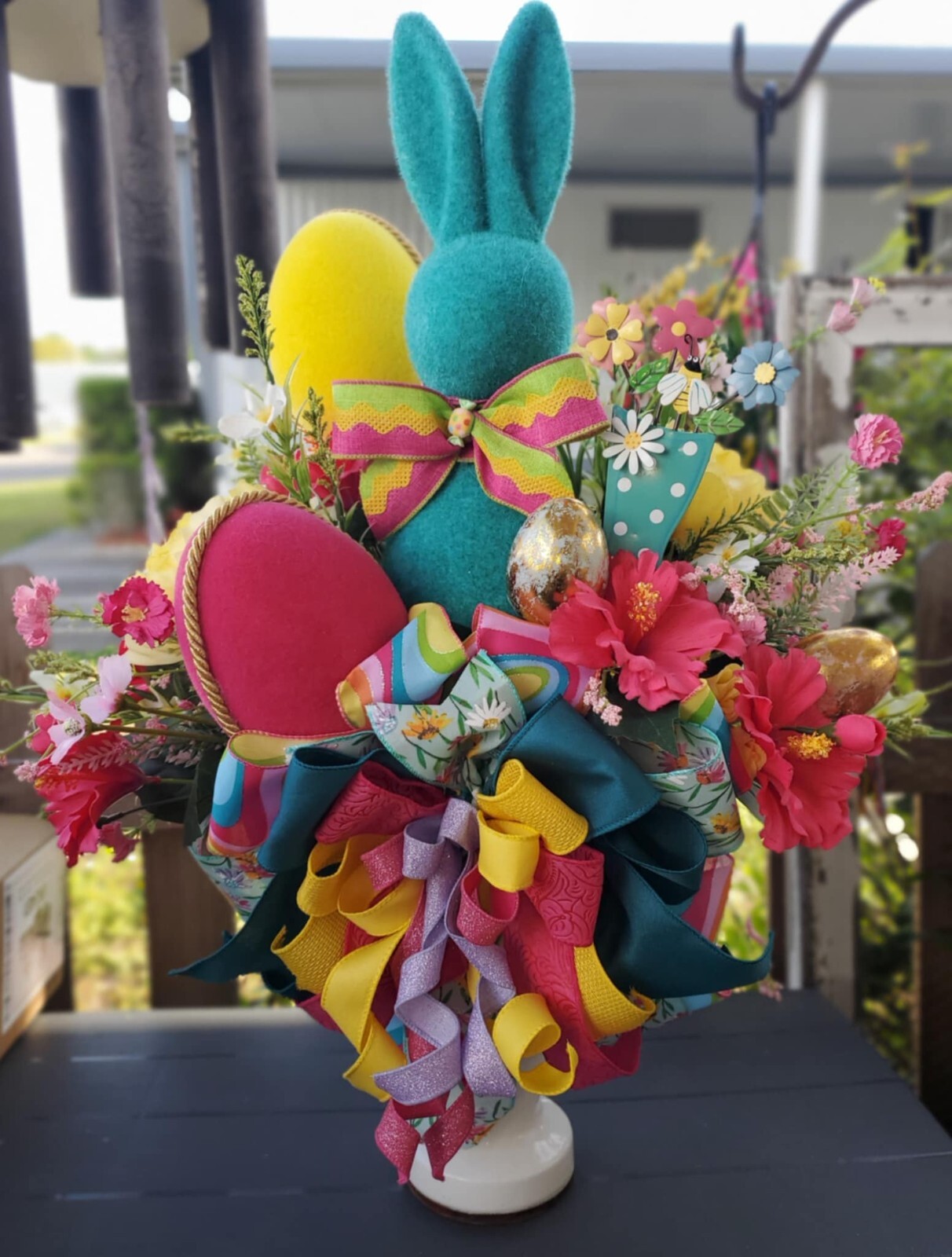 Large 25″ Bright Hot Pink Teal Yellow Bunny Spring Easter Pedestal Floral Decor
