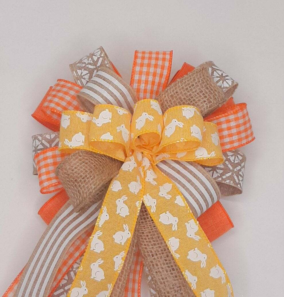 Spring Bow, Easter Wreath Bow, Yellow Bunny Print, Burlap, Linen, Orange Gingham