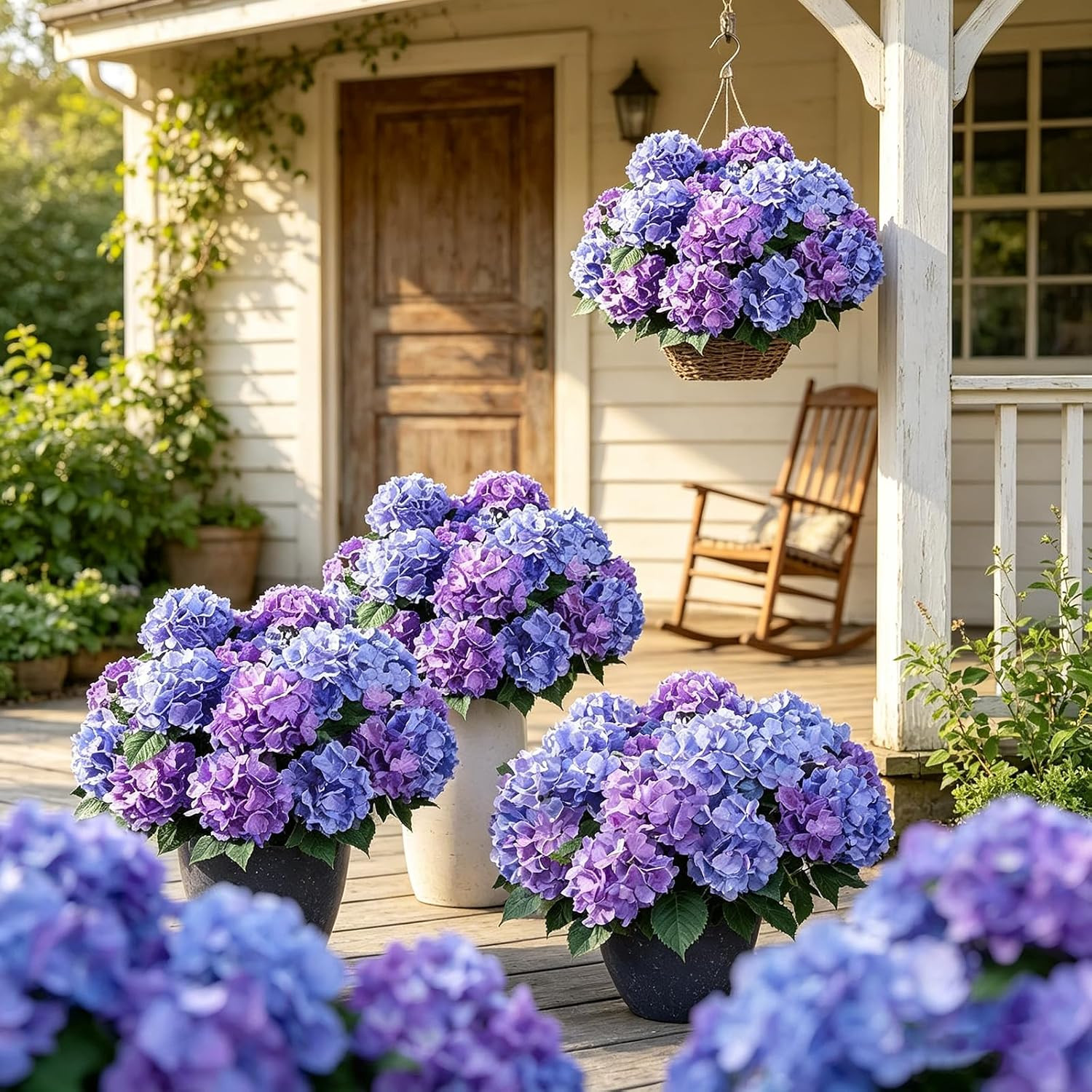 6 Pcs UV Resistant Purple Blue Silk Hydrangea Flowers for Outdoor Decor