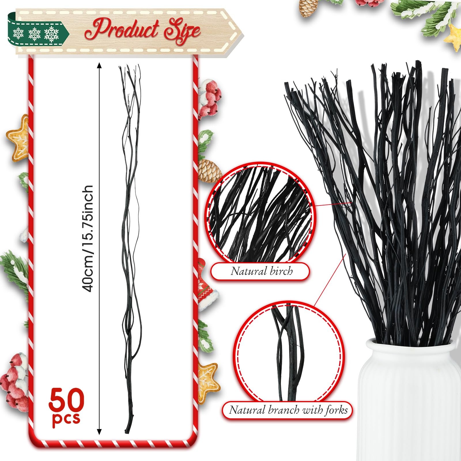 50 Pcs 15.75 Inch Black Curly Willow Branches, Dried Twigs, Vase Filler, DIY