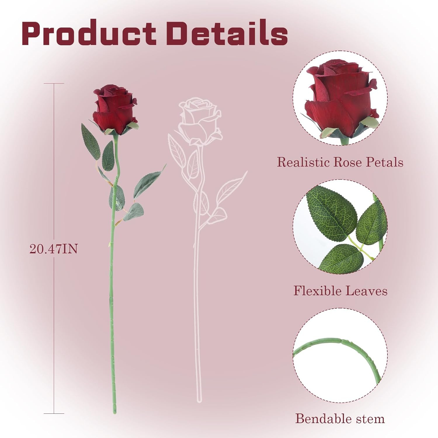 12Pcs Realistic Fake Roses Faux Flowers with Long Stems, Artificial Silk Rose Fl