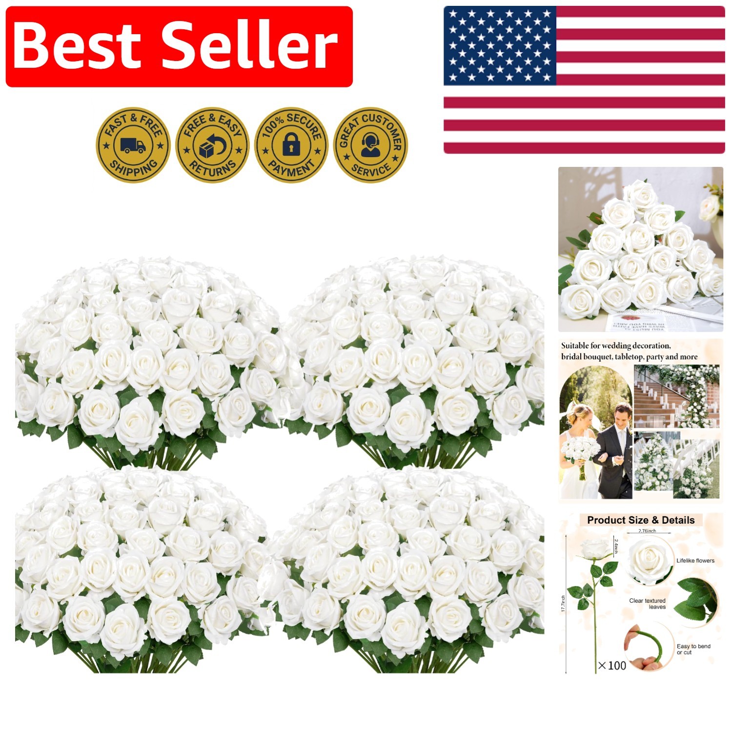 100 Pcs Velvet Silk Fake Roses – Long Stem White Flowers for Weddings & Decor