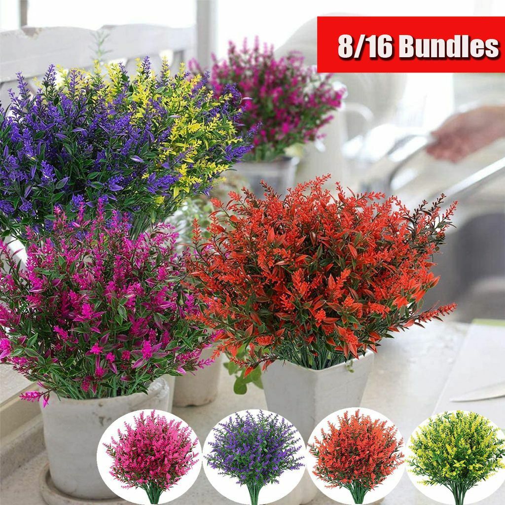 8/16 Bundles Outdoor Artificial Lavender Fake Flowers UV Resistant Shrubs Plants