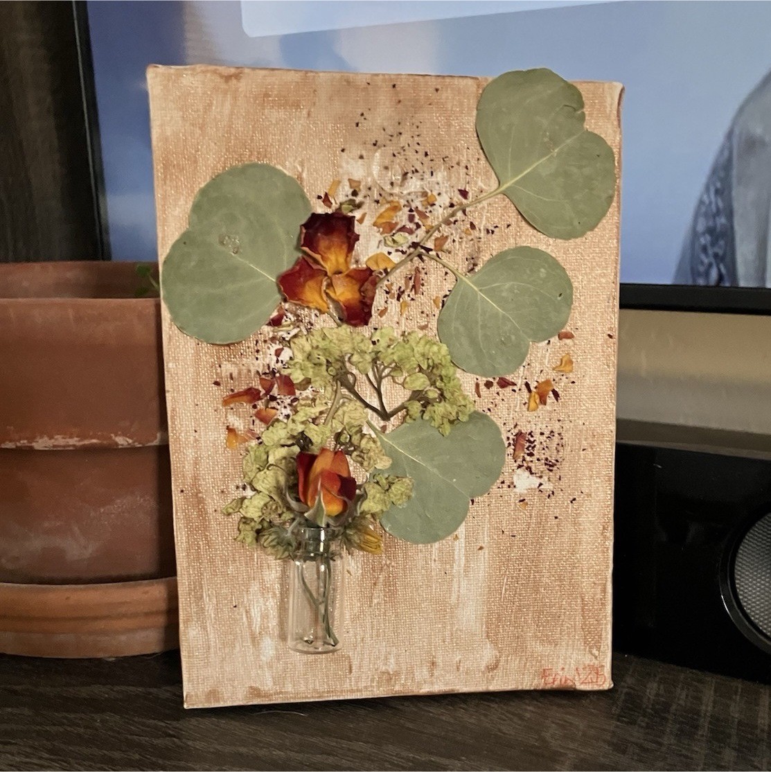 Mixed media Dried Floral canvas art w/ Greenery Glass Vial, dried roses 4×6 in