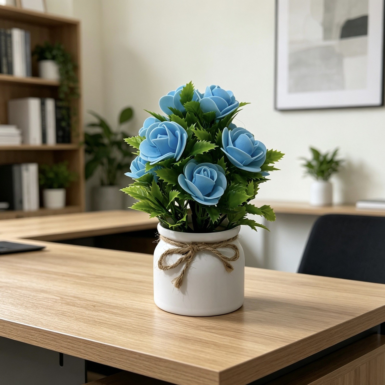 7.5 inch Artificial Rose Arrangement in Rustic White Pot with Twine for accent