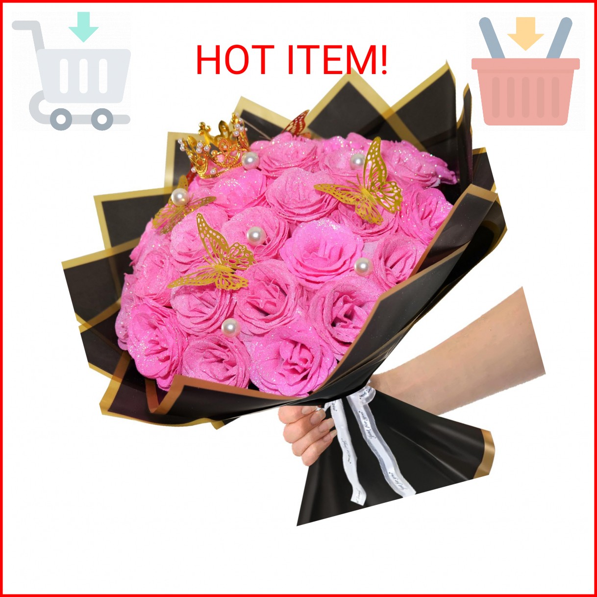 Pink Glitter Roses Bouquet, 24 Pcs Shiny Glitter Flowers Bouquet, Everlasting Ar