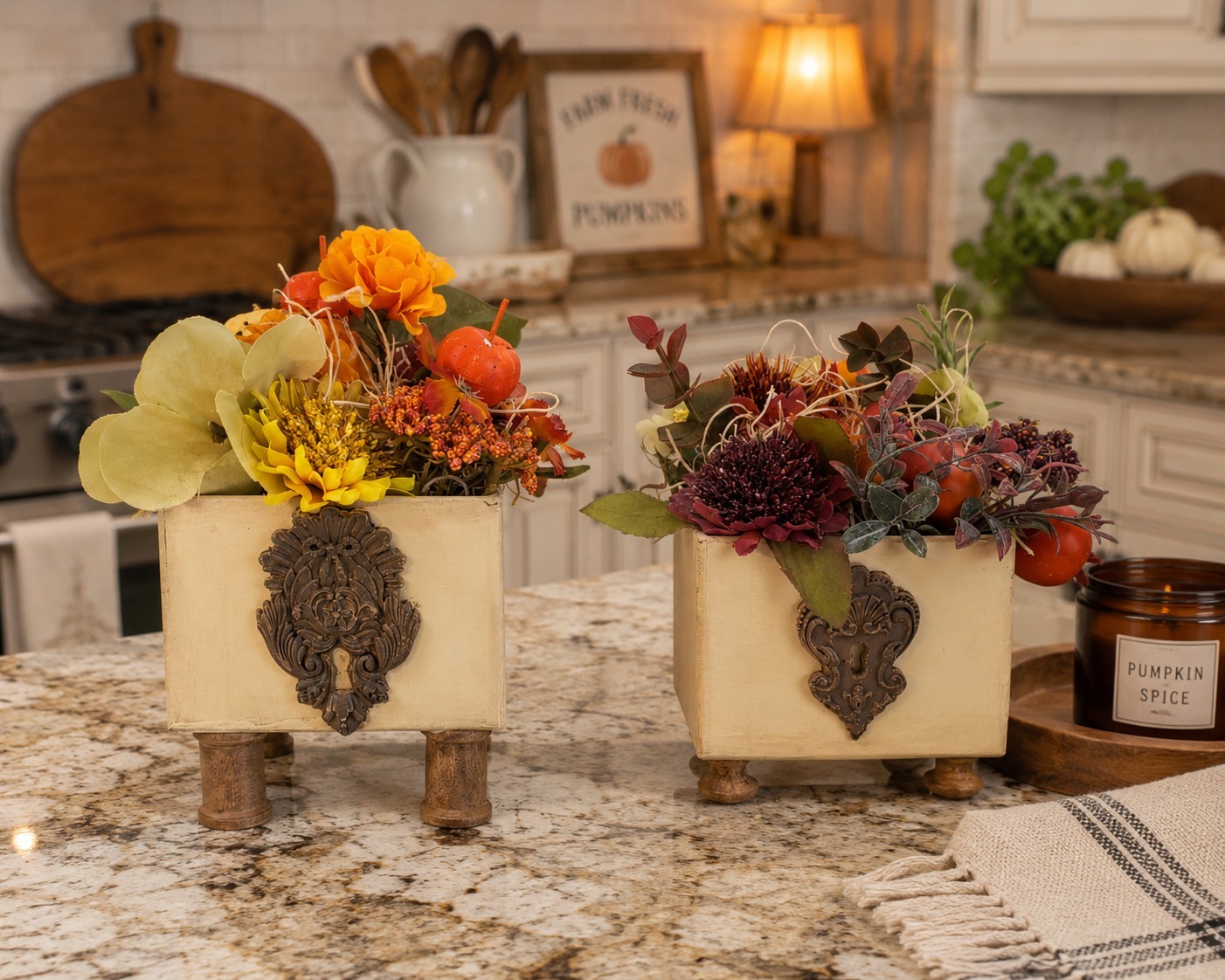Set of 2 Handmade Fall Floral Centerpieces Rustic Farmhouse Wood Planter Decor