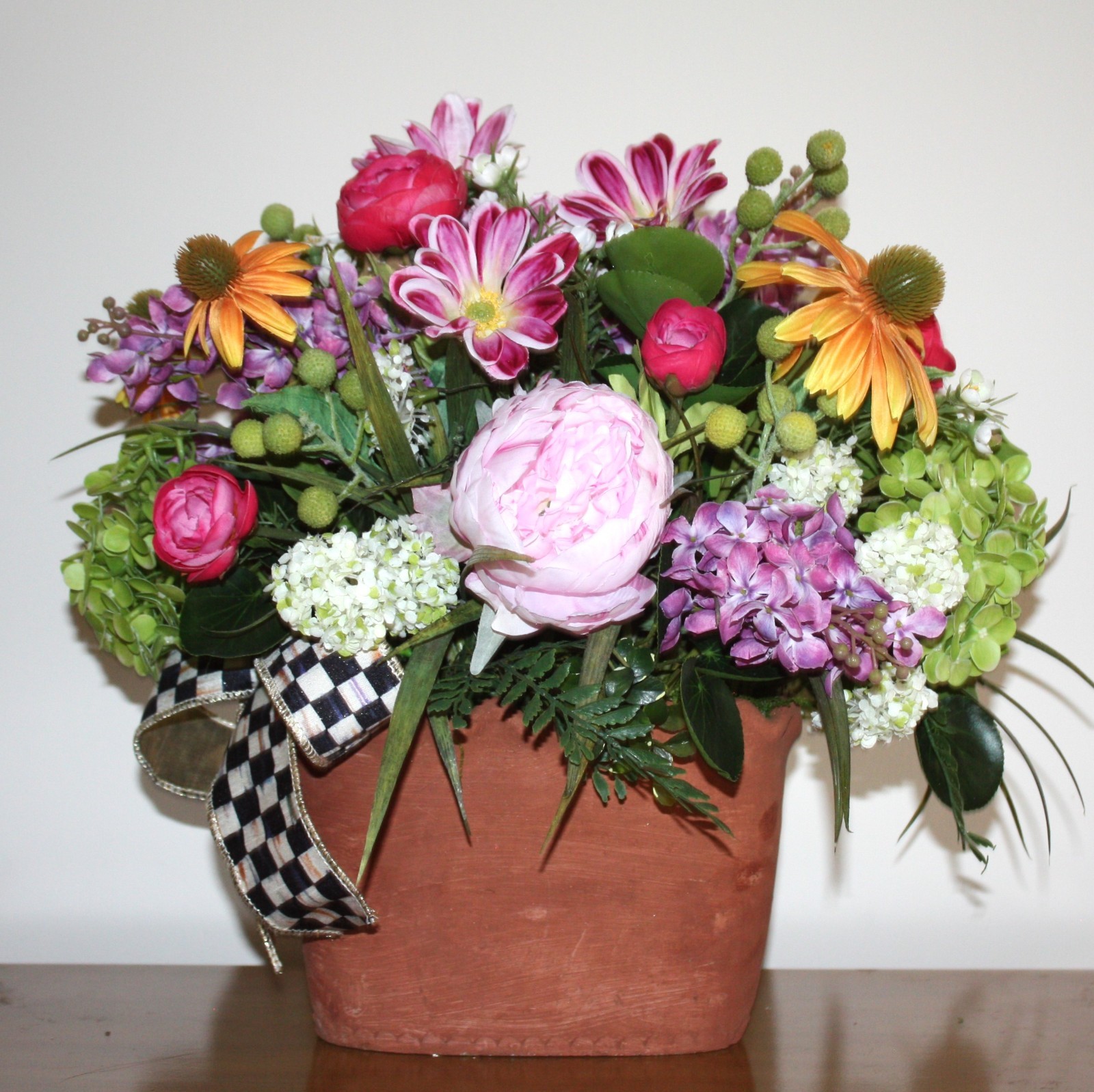 Beautiful Floral Arrangement In Terracotta Planter With Mackenzie Childs Bow!