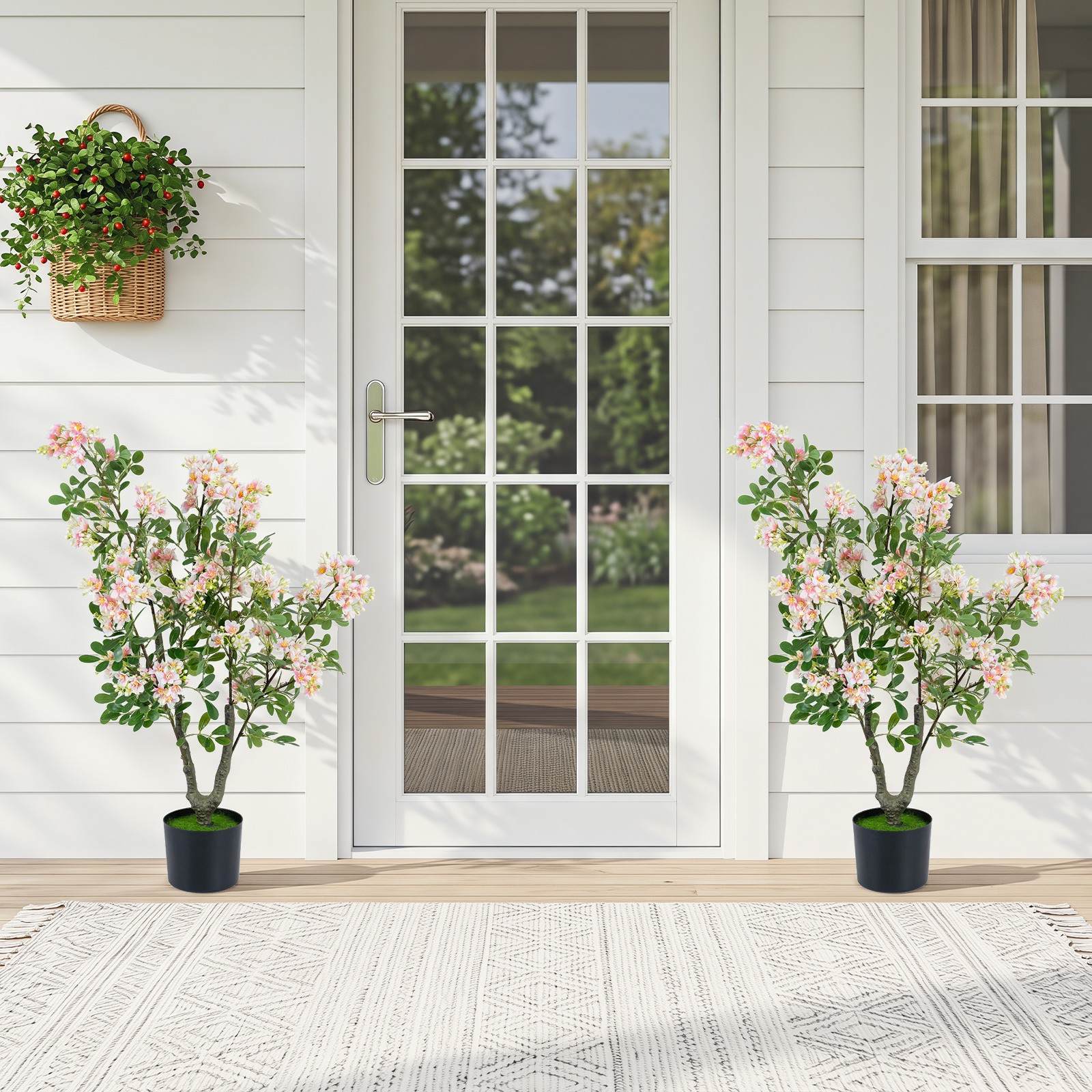 36” Artificial Impatiens Blossom Tree with Mini Fruits, Faux Grass for Porch