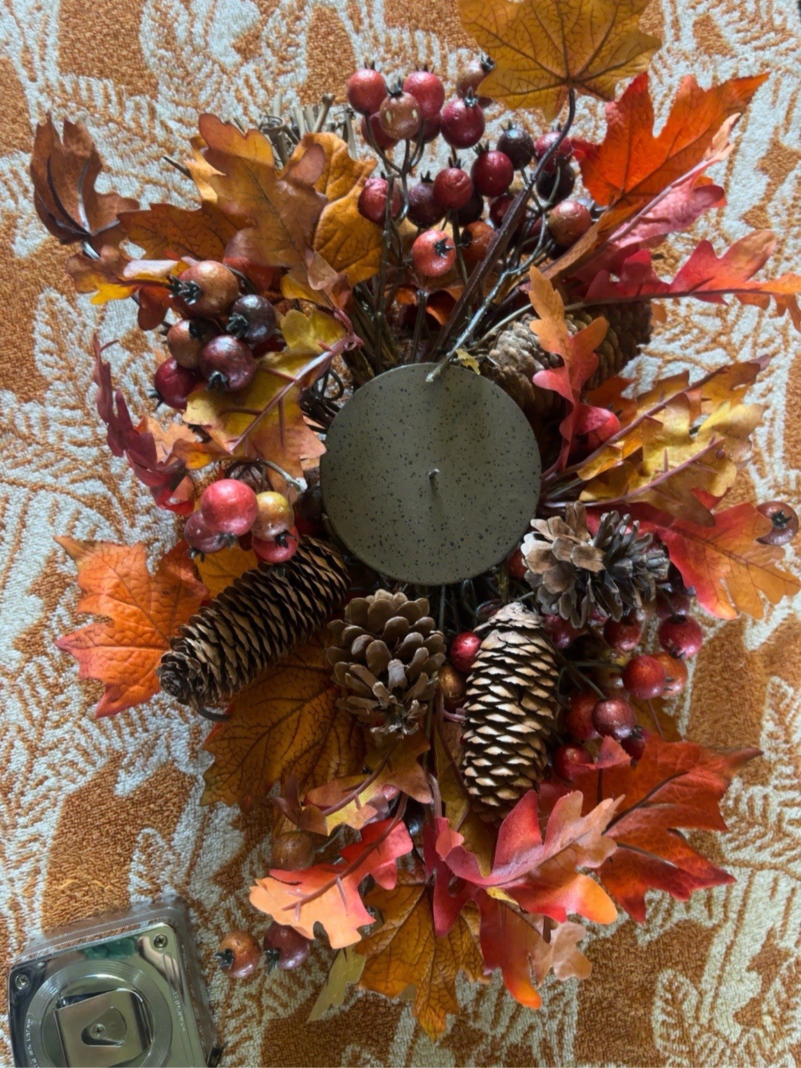 Large Fall Candle Ring Pinecone Berry Maple Leaf Centerpiece 11×14 Rustic