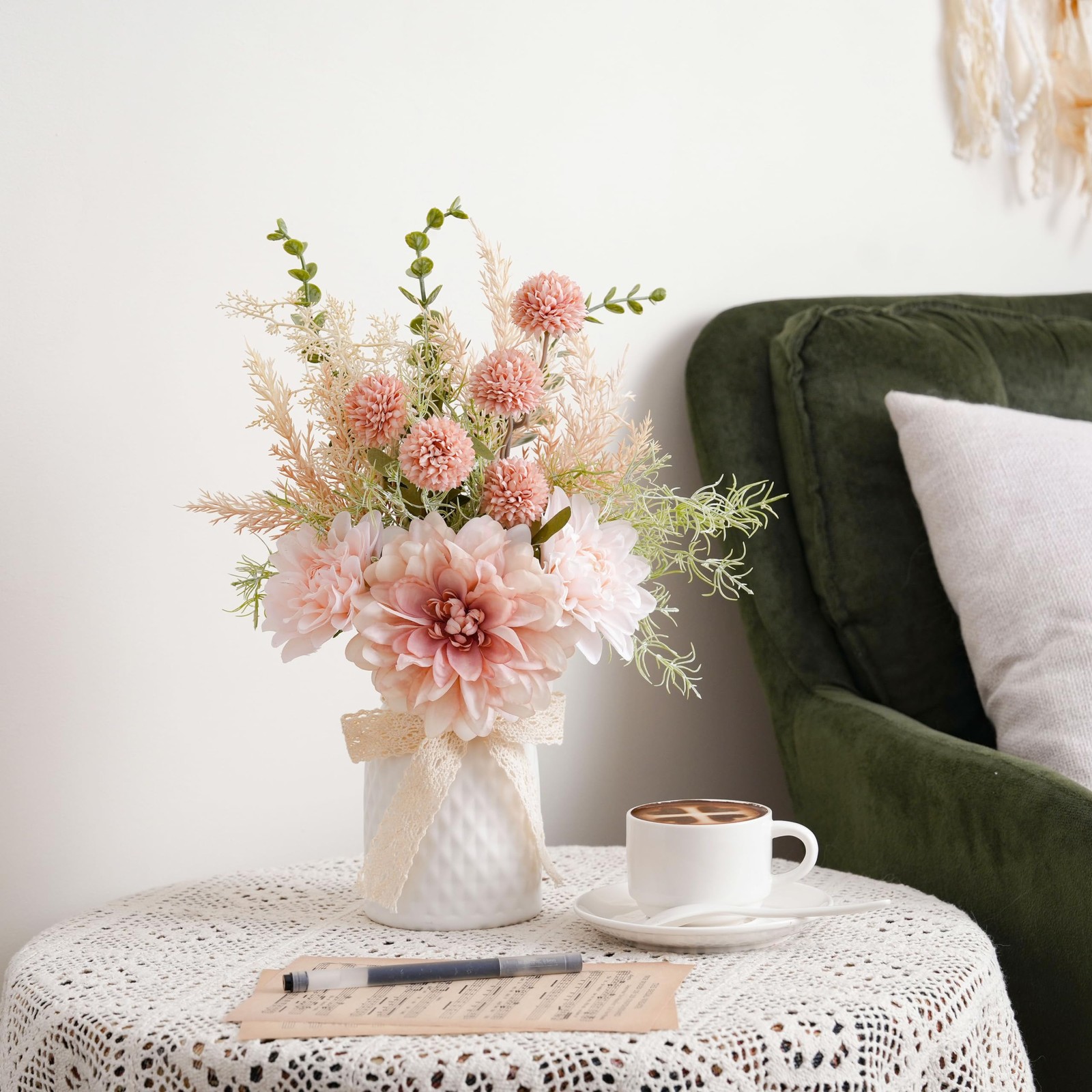 Artificial Flowers with Ceramic Vase Centerpieces – Spring Silk Pink Flower A…