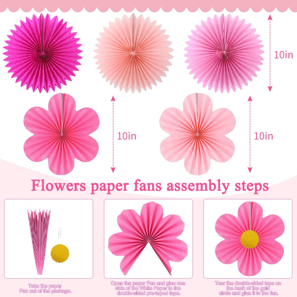11 PCS Pink Paper Fans Flowers Wall Decor Floral Backdrop Baby Shower Party